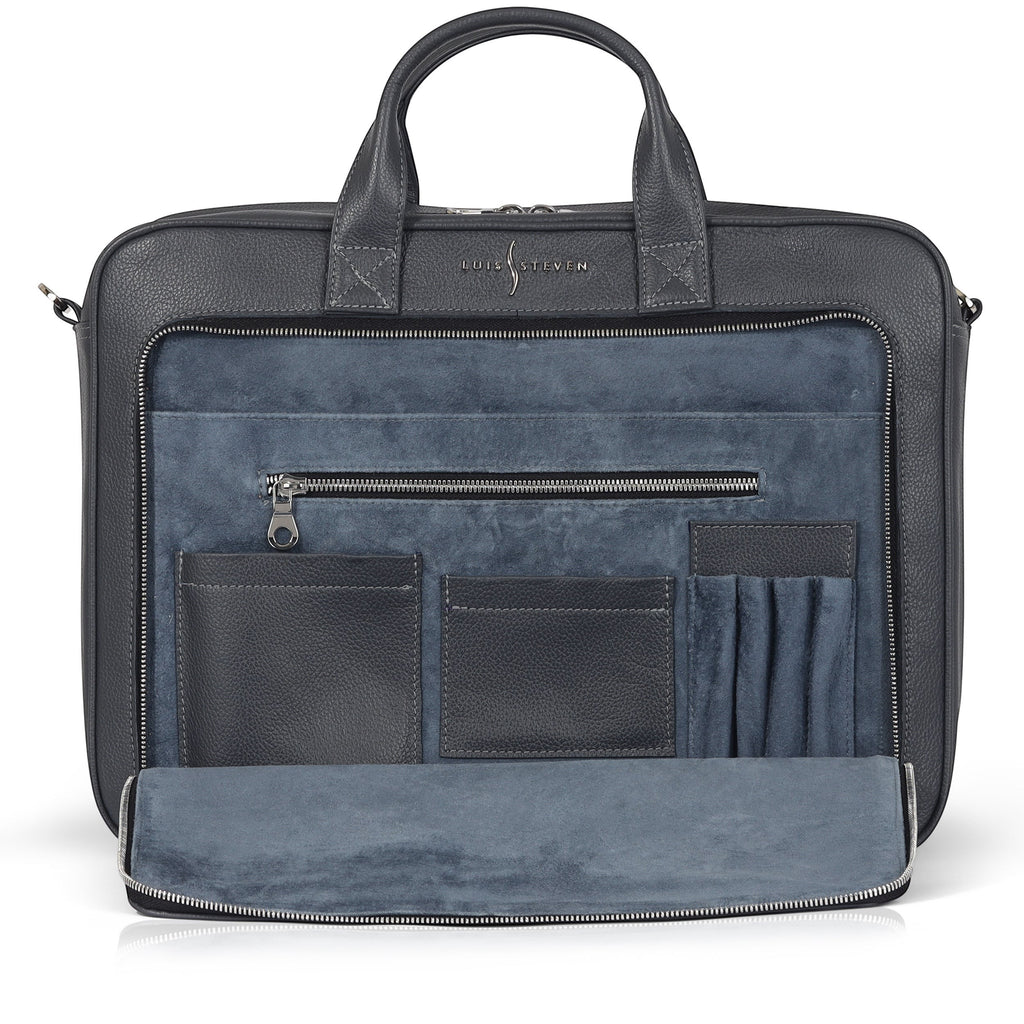 Luis Steven gray pebble leather briefcase with blue suede interior, top handle, and multiple organizer pockets.