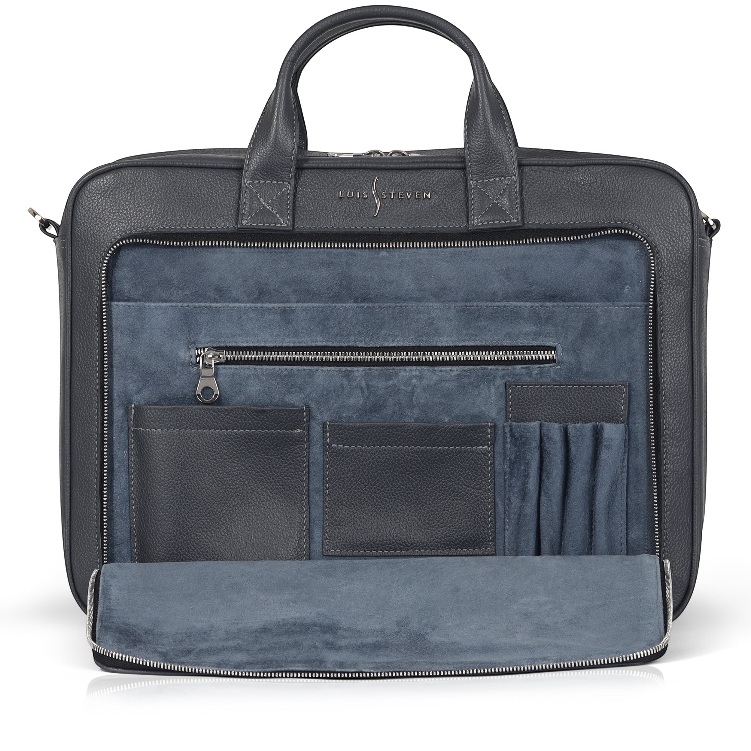 Luis Steven gray pebble leather briefcase with blue suede interior, top handle, and multiple organizer pockets.