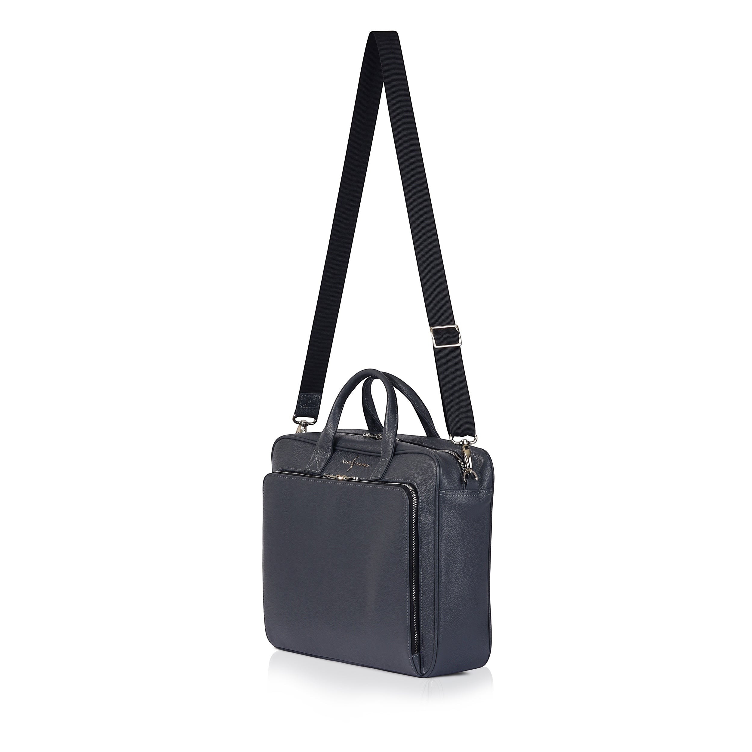 Luis Steven gray pebble leather briefcase with top handles and adjustable crossbody strap. Spacious interior fits 15" laptops.