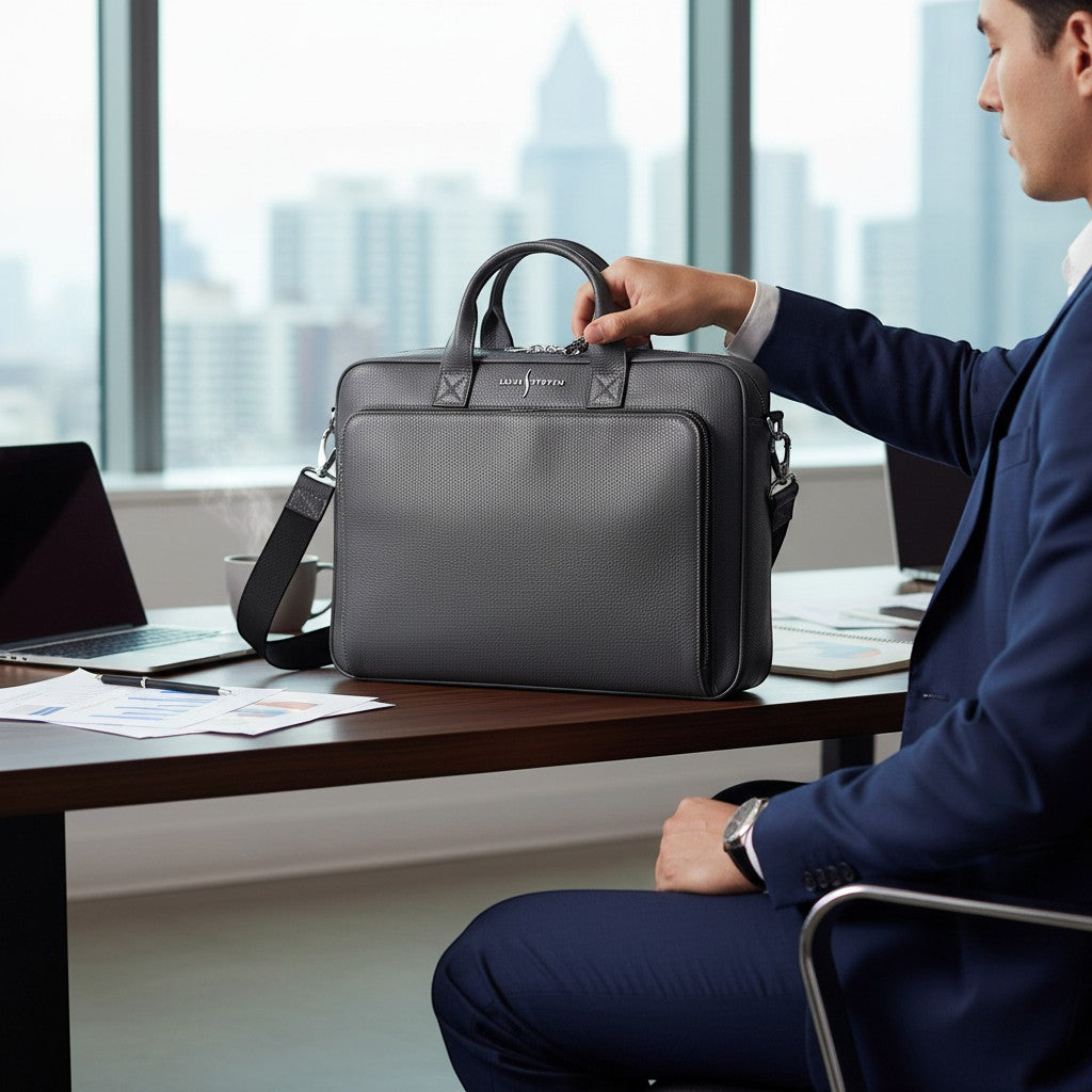 Luis Steven gray pebble leather briefcase with suede lining, top handle, and adjustable strap. Fits 15" laptops.