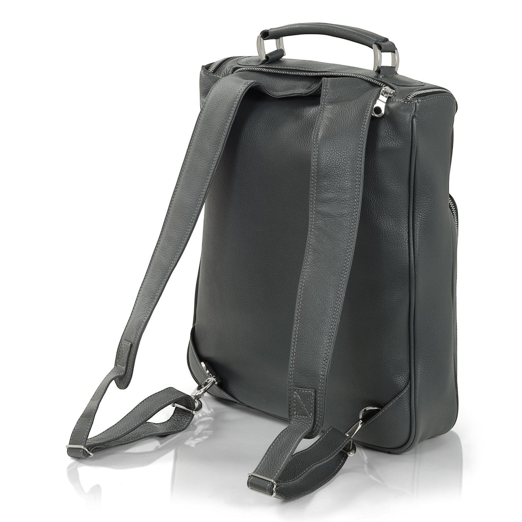 Luis Steven gray pebble leather laptop backpack with concealable straps and top handle, fits up to 16" laptops.