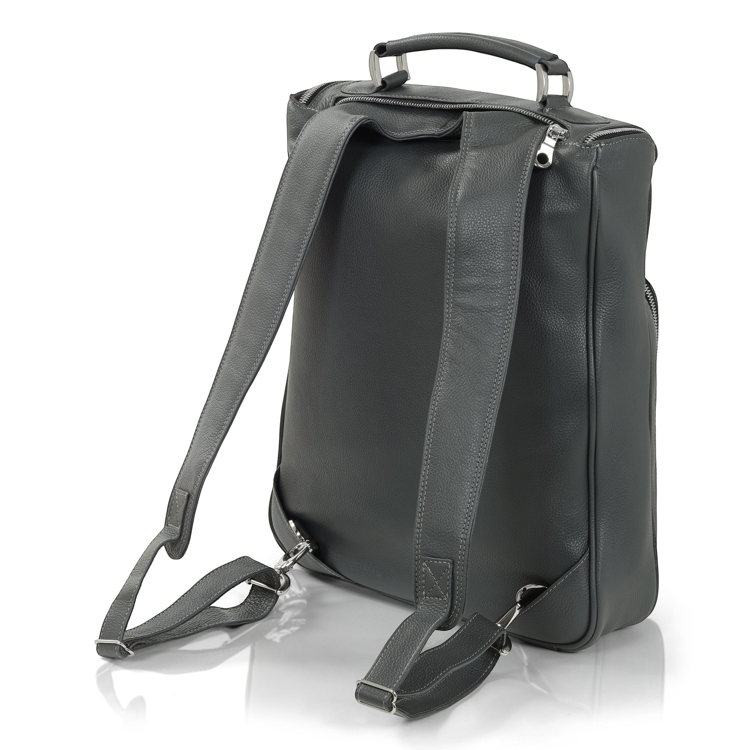 Luis Steven gray pebble leather laptop backpack with concealable straps and top handle, fits up to 16" laptops.