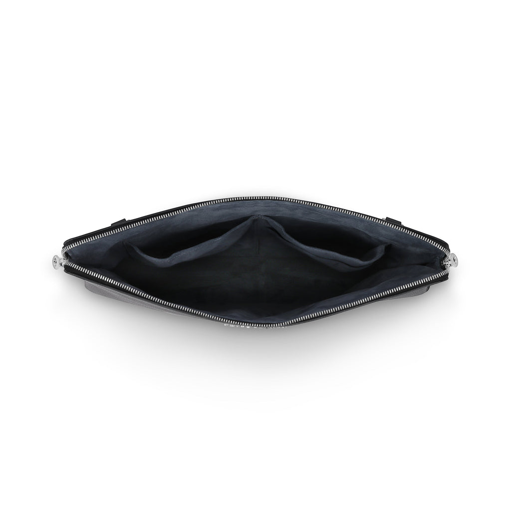 Luis Steven gray pebble leather laptop sleeve interior view showing suede lining and accessory pockets