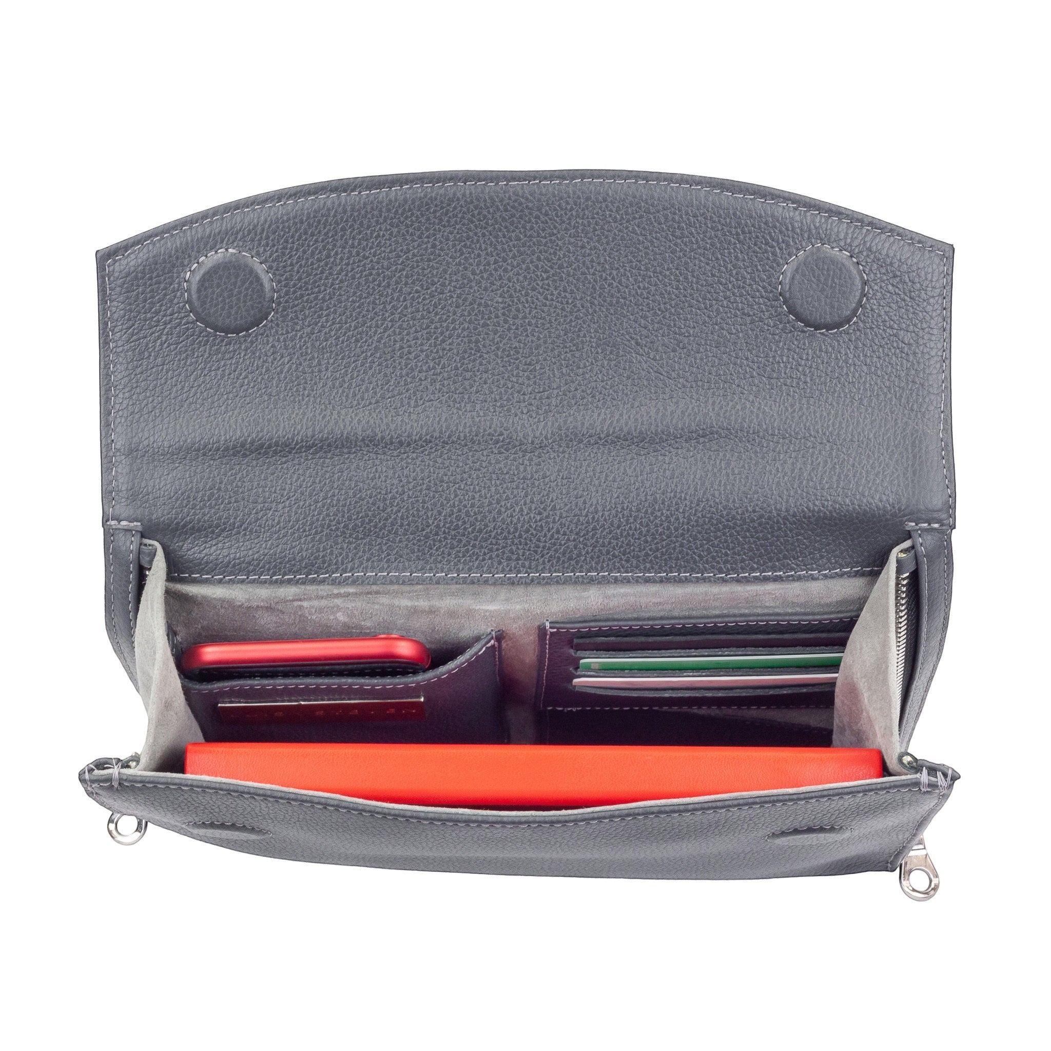 Luis Steven gray Italian pebble leather men's clutch with suede interior, card slots, and magnetic closure.