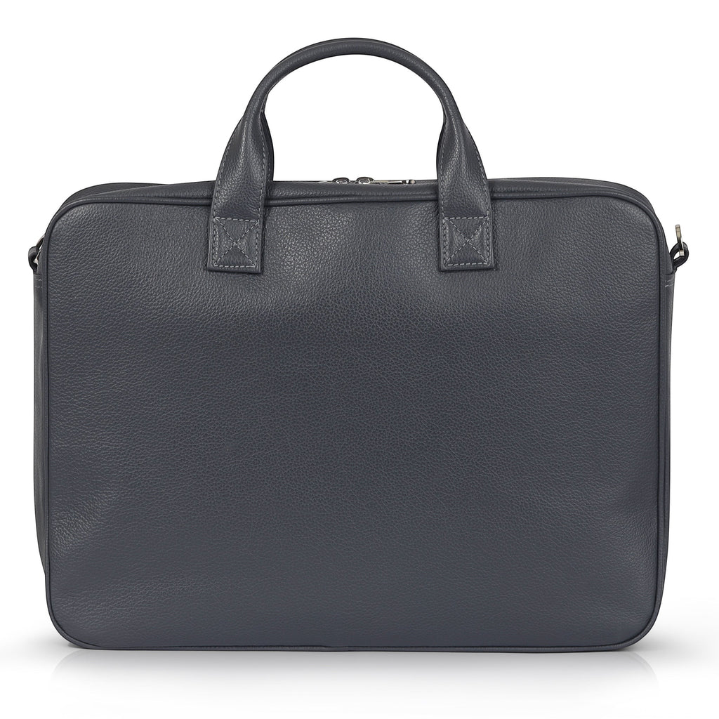 Luis Steven gray pebble leather briefcase with top handles and nickel zippers. Spacious interior fits up to 16" laptops.