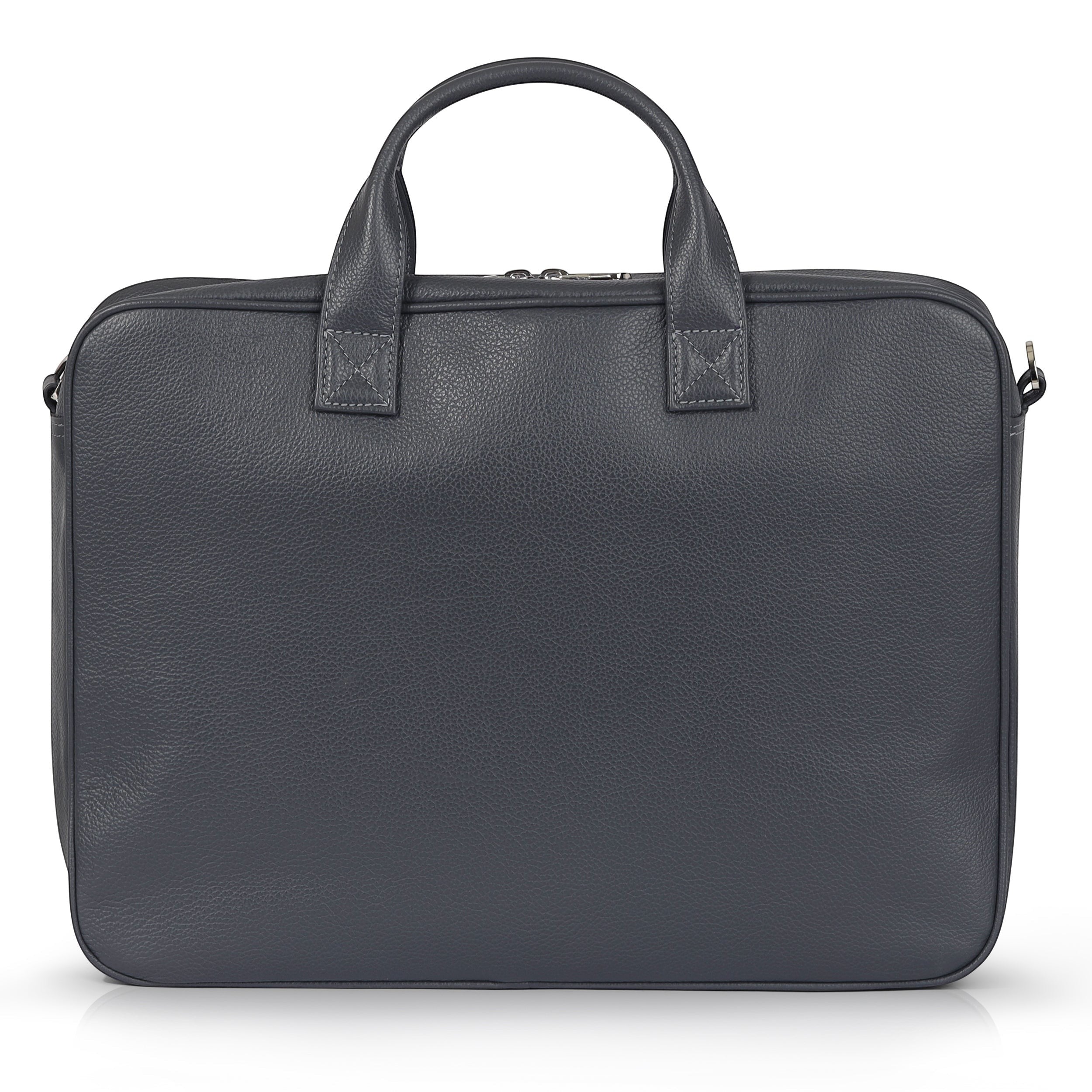 Luis Steven gray pebble leather briefcase with top handles and nickel zippers. Spacious interior fits up to 16" laptops.