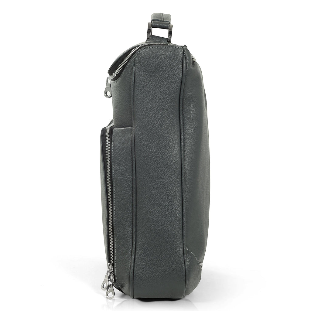 Luis Steven gray pebble leather laptop backpack with briefcase style, top handle, and concealable straps.