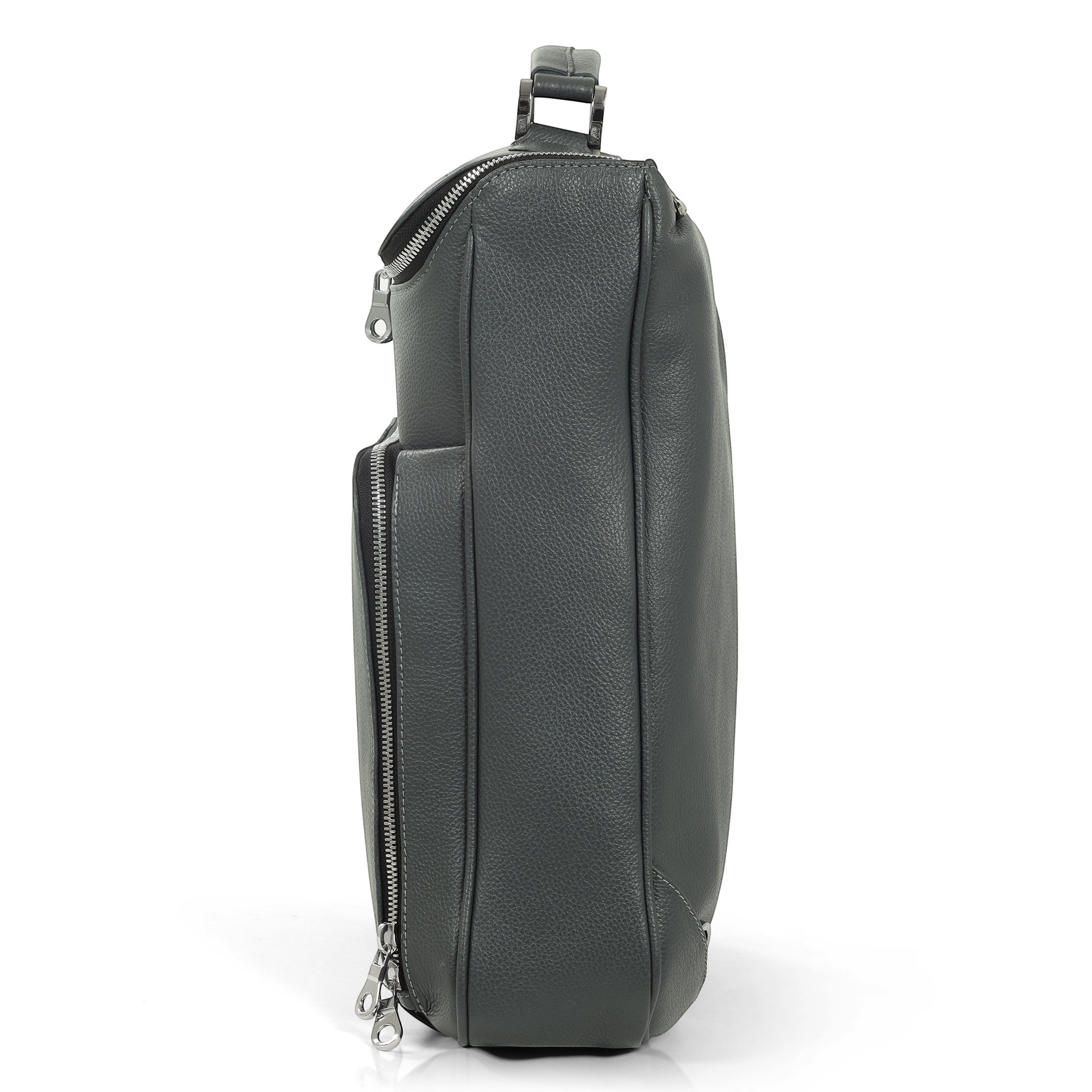 Luis Steven gray pebble leather laptop backpack with briefcase style, top handle, and concealable straps.