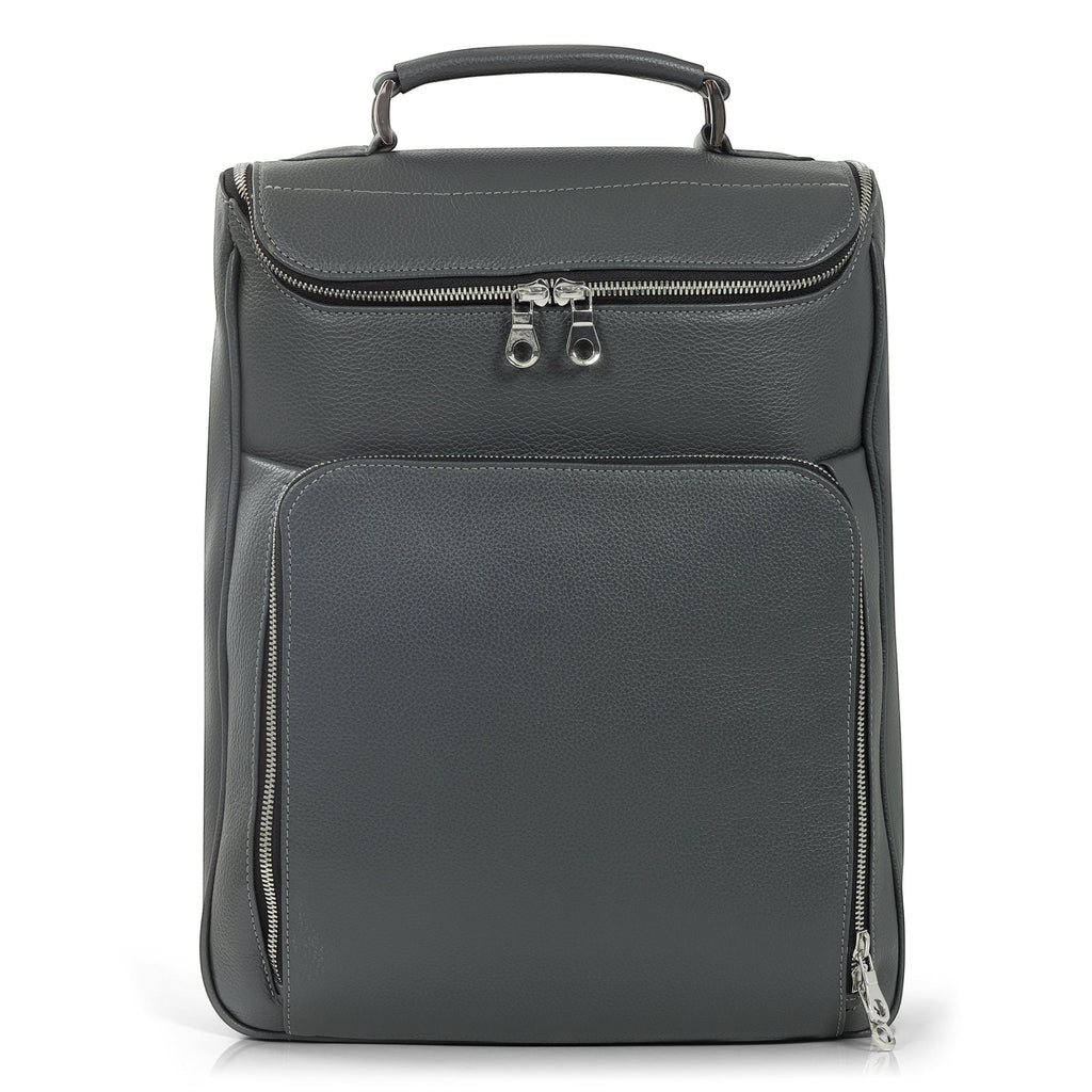 Luis Steven gray pebble leather laptop backpack with top handle, front organizer pockets, and concealable straps.