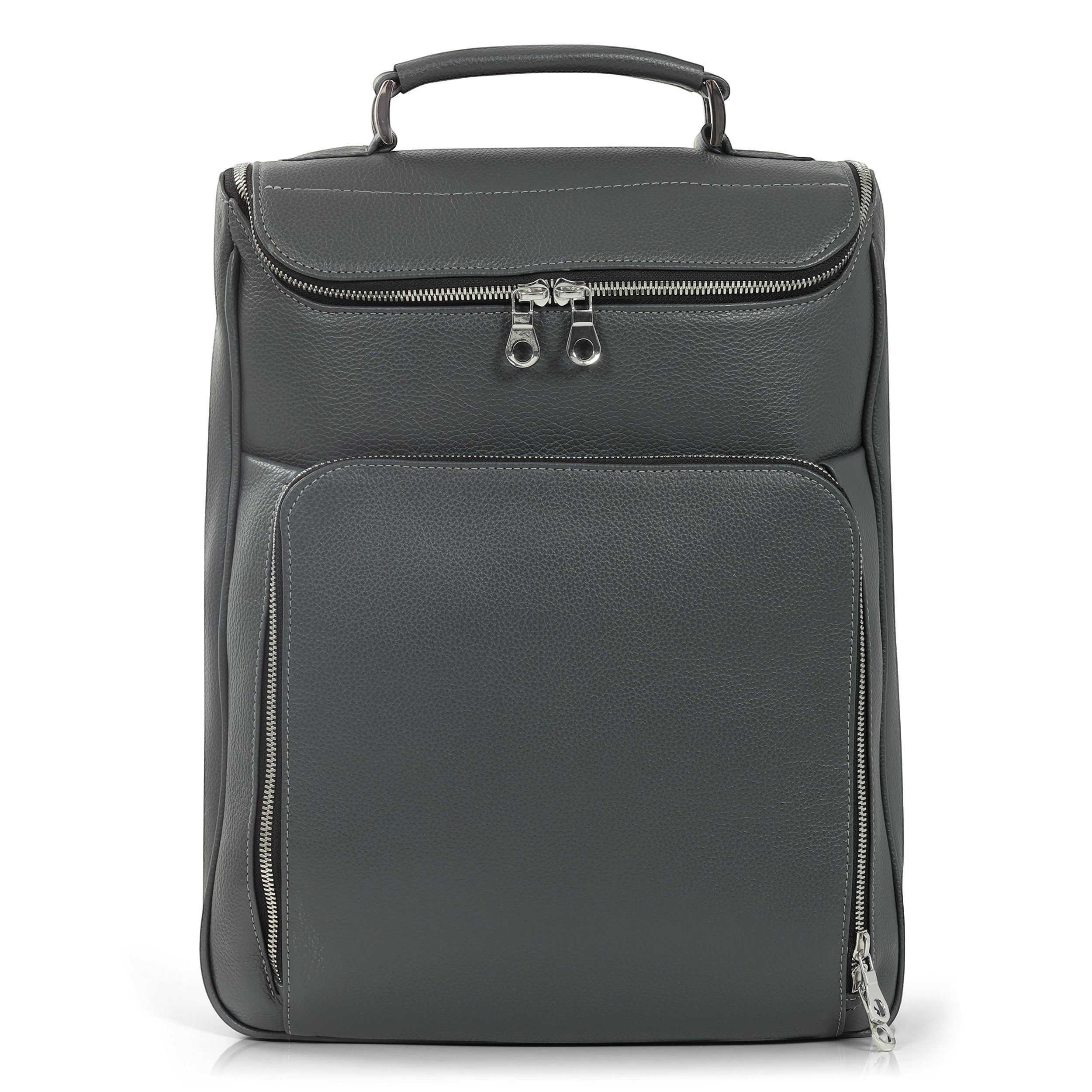 Luis Steven gray pebble leather laptop backpack with top handle, front organizer pockets, and concealable straps.