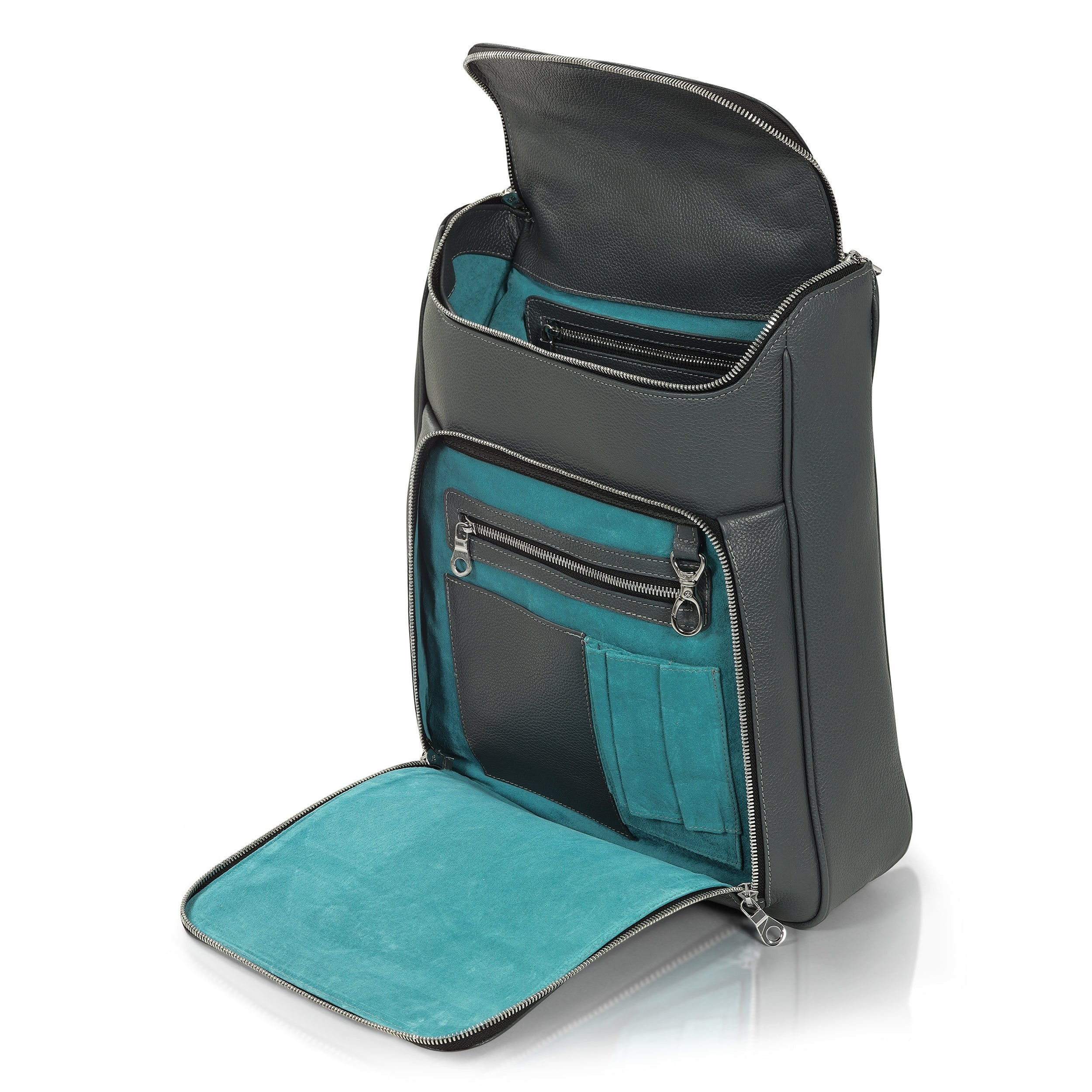 Luis Steven gray pebble leather laptop backpack with teal suede lining and multiple interior pockets. Fits laptops up to 14.5".