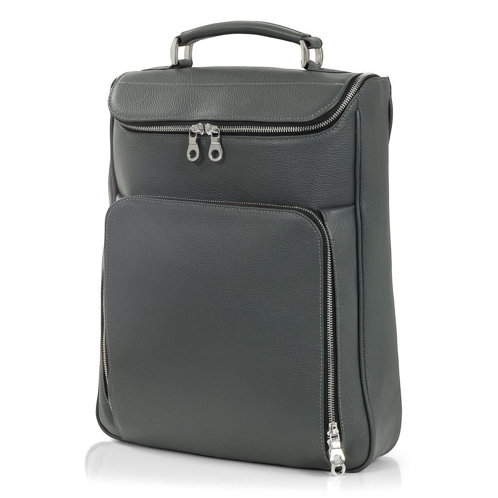 Luis Steven gray pebble leather laptop backpack with briefcase style, top handle, and concealable straps. Fits laptops up to 14.5".