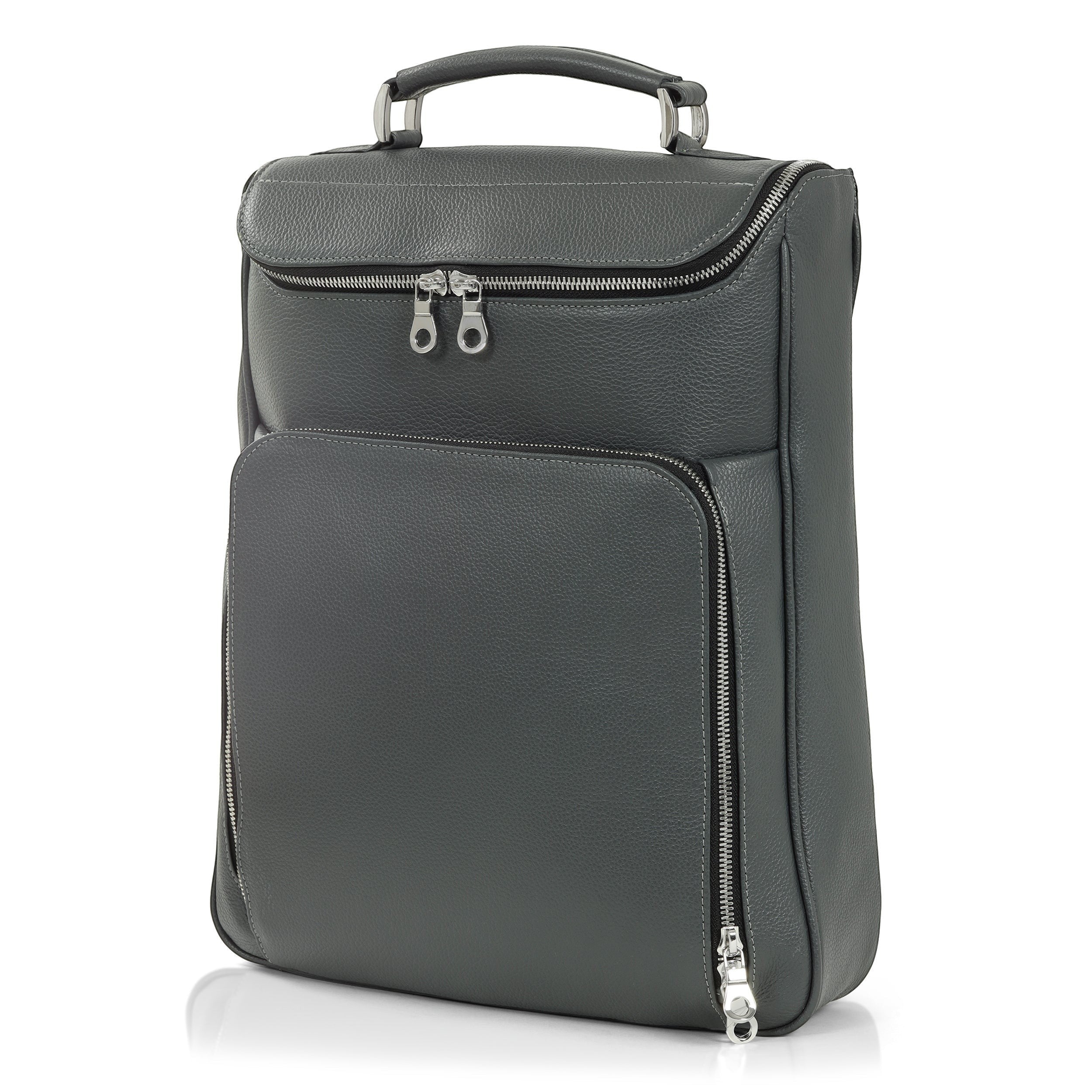 Luis Steven gray pebble leather laptop backpack with briefcase style, top handle, and concealable straps. Fits laptops up to 14.5".