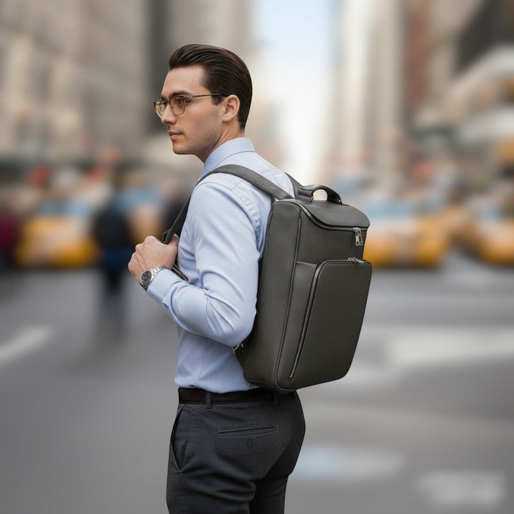 Luis Steven gray pebble leather backpack with briefcase style, concealable straps, and laptop sleeve for business travel.