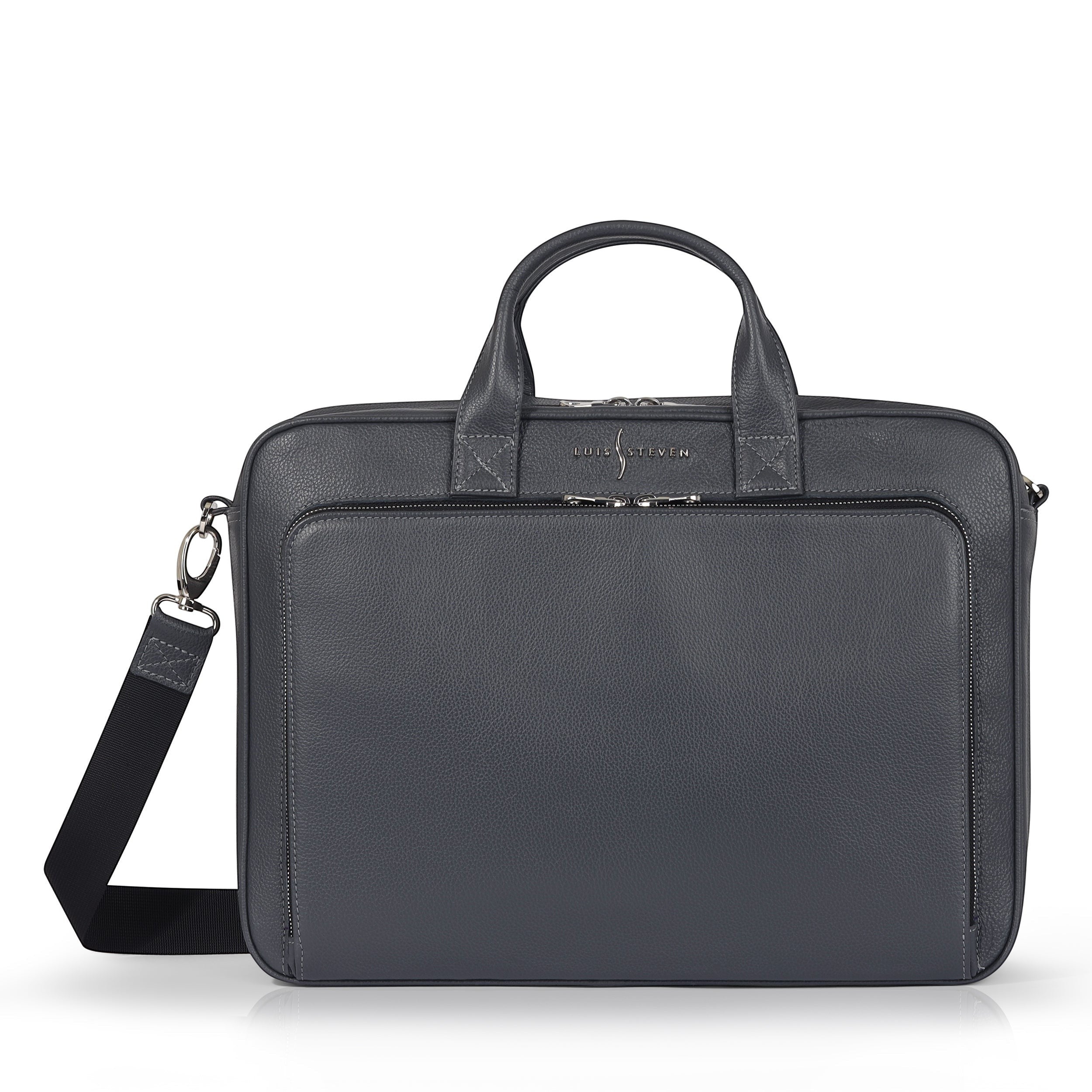 Luis Steven gray pebble leather briefcase with top handles and detachable crossbody strap. Features a front zip pocket and fits up to a 16" laptop.