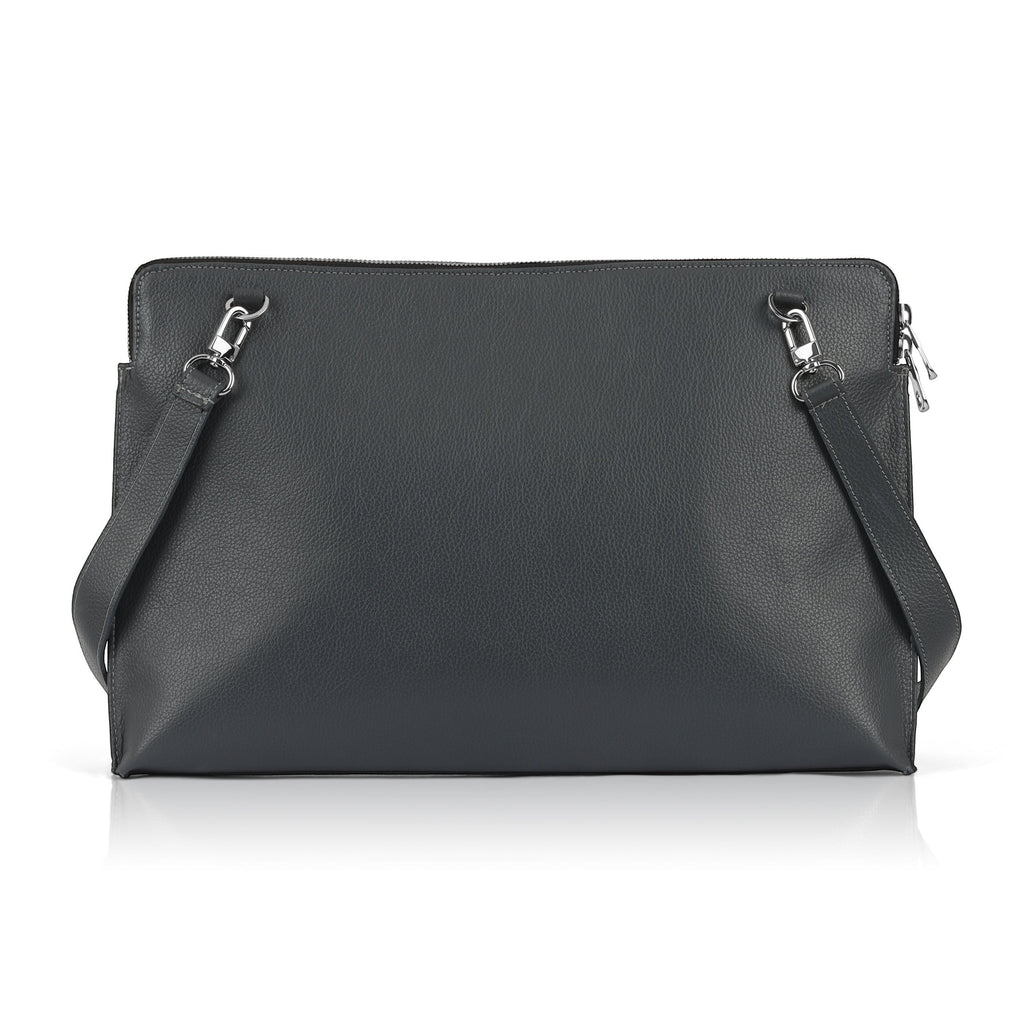 Luis Steven gray pebble leather laptop sleeve with a detachable shoulder strap and silver hardware.