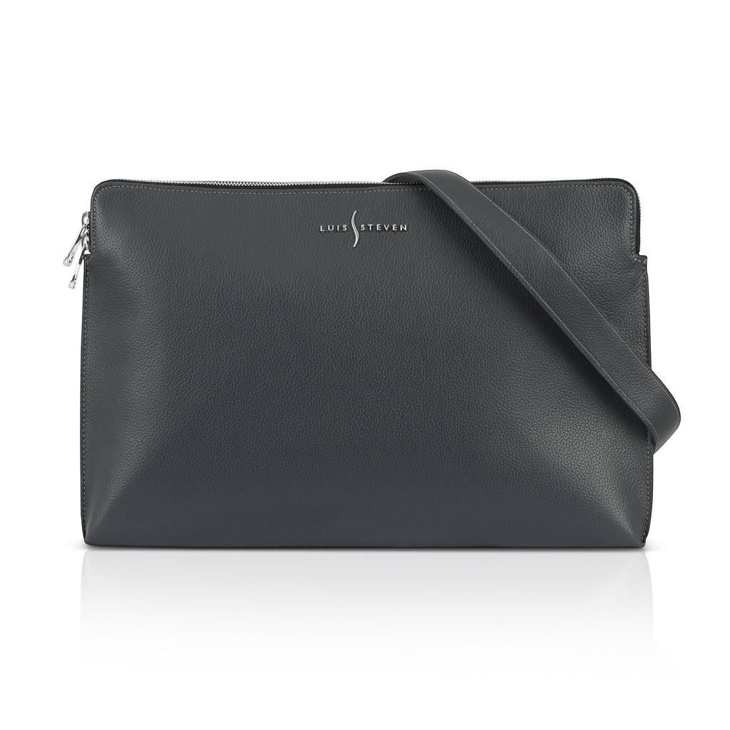 Luis Steven gray pebble Italian leather laptop sleeve with a detachable shoulder strap and silver logo detail.