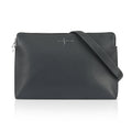 Luis Steven gray pebble Italian leather laptop sleeve with a detachable shoulder strap and silver logo detail.