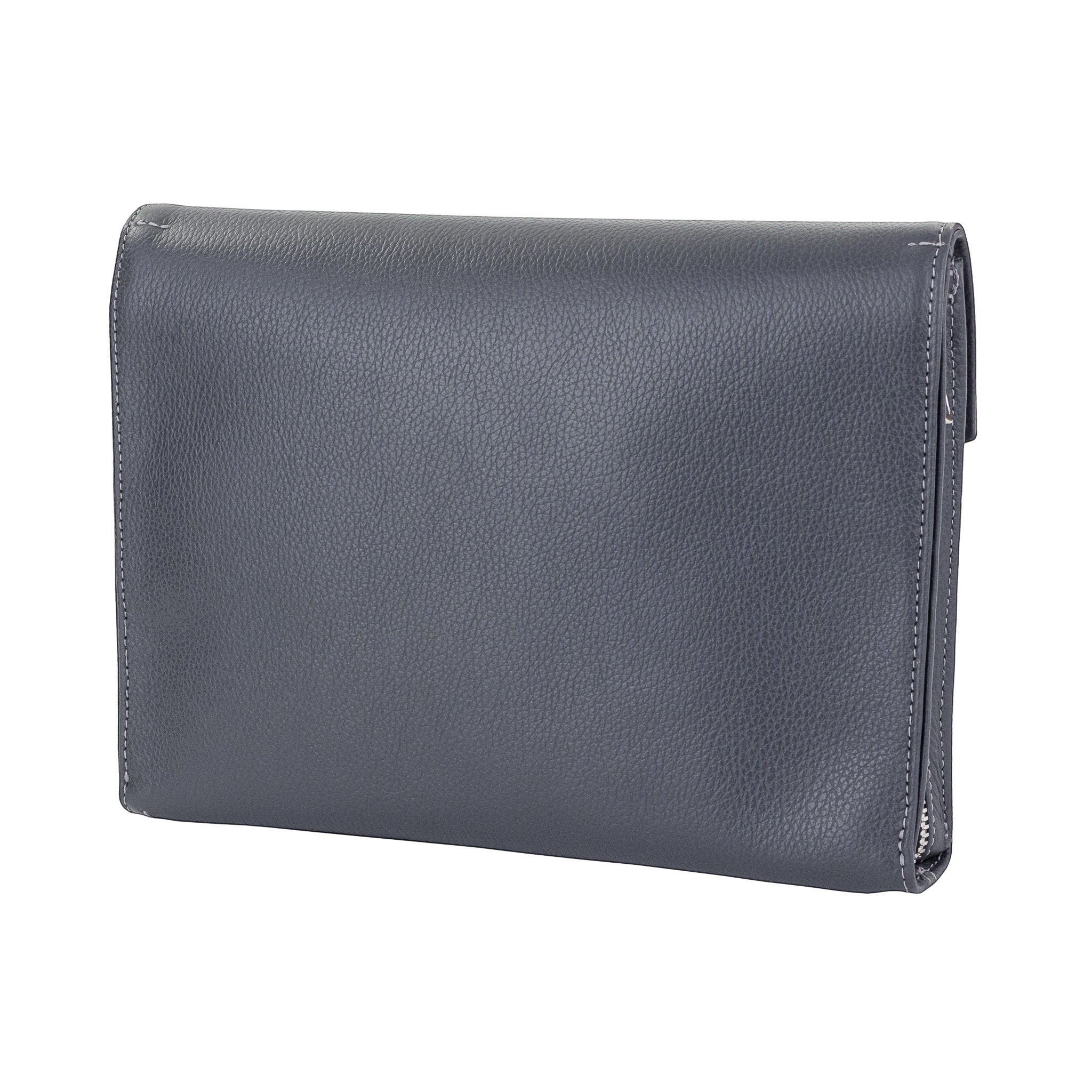Luis Steven gray Italian pebble leather men's clutch with magnetic closure and side zippers.