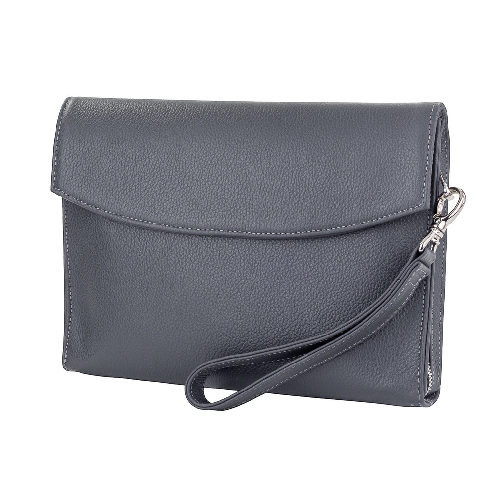 Luis Steven gray Italian pebble leather men's clutch with magnetic closure, nickel hardware, and detachable wristlet.