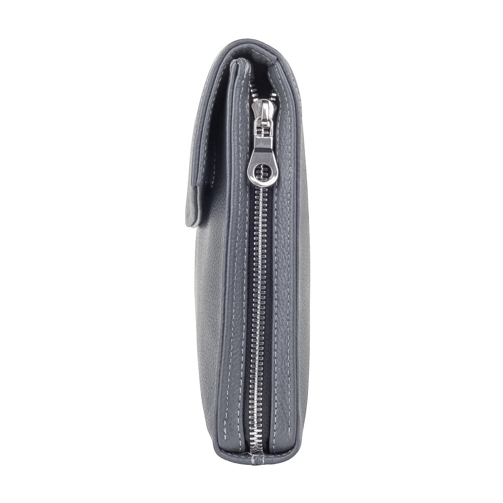 Luis Steven gray Italian pebble leather men's clutch with nickel side zipper and magnetic closure.