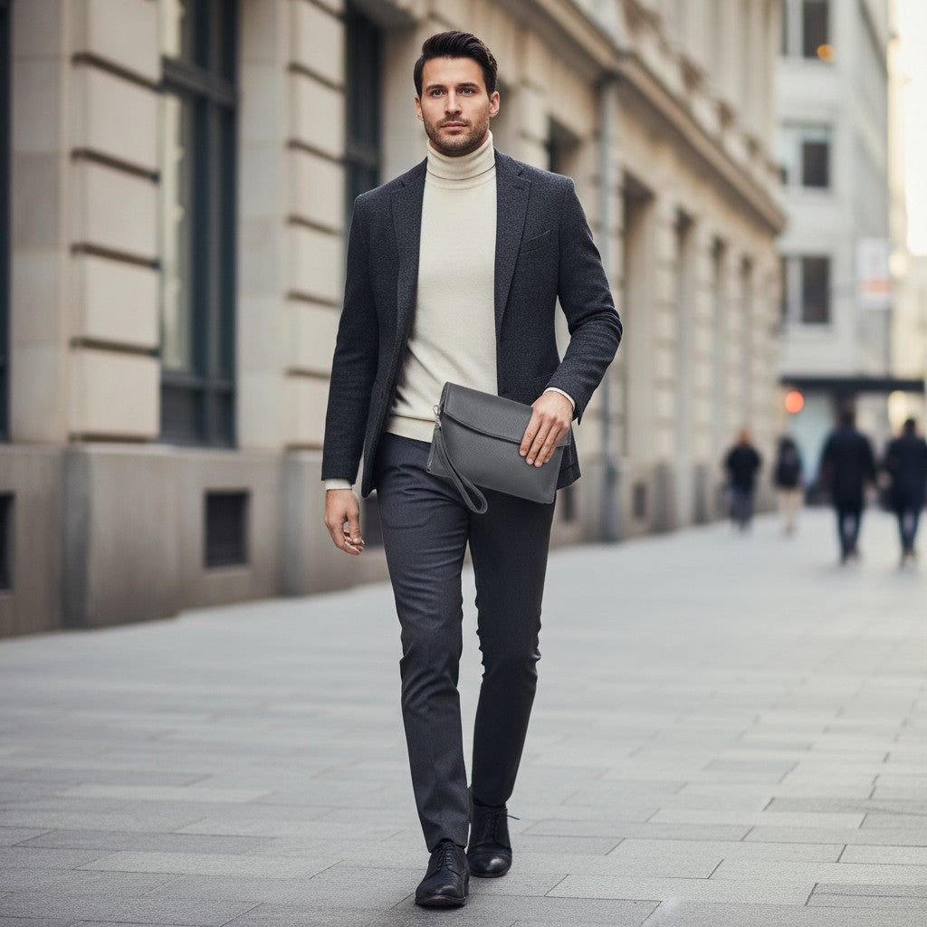 Luis Steven gray pebble leather men's clutch with wristlet, held by a man in a blazer on a city street.