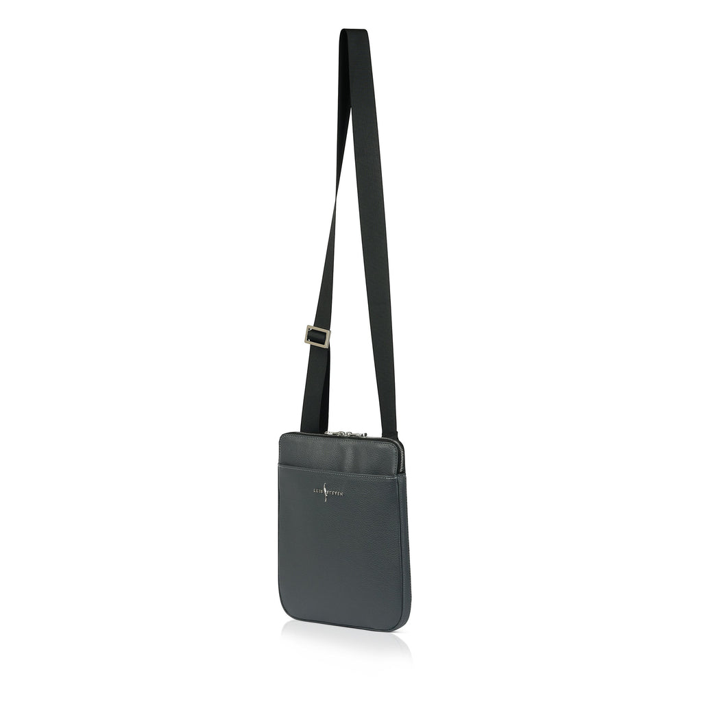 Luis Steven Sporty Messenger bag in gray Italian pebble leather with an adjustable strap and nickel hardware.