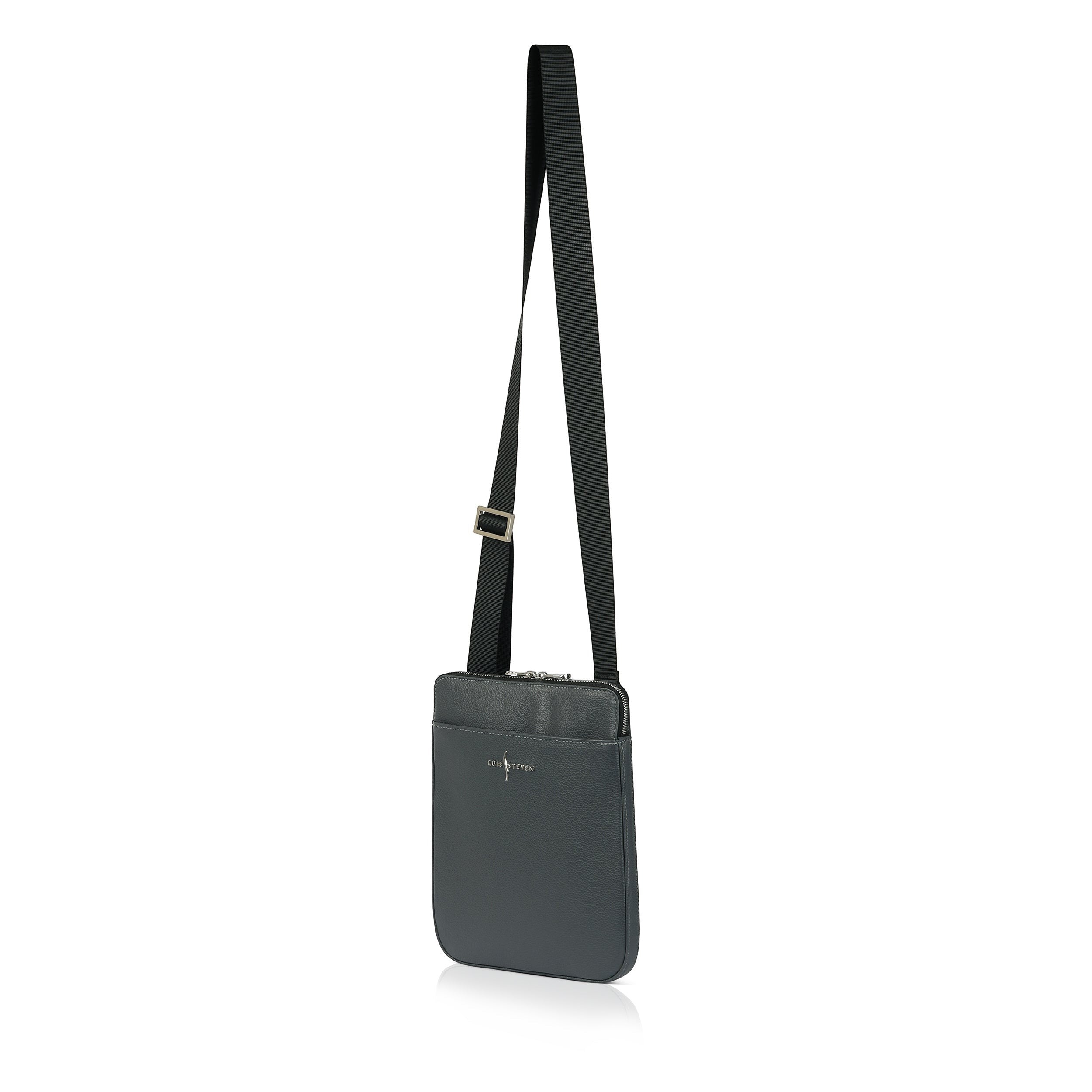 Luis Steven Sporty Messenger bag in gray Italian pebble leather with an adjustable strap and nickel hardware.