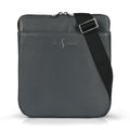 Luis Steven gray pebble leather sporty messenger bag with adjustable black strap and nickel hardware.