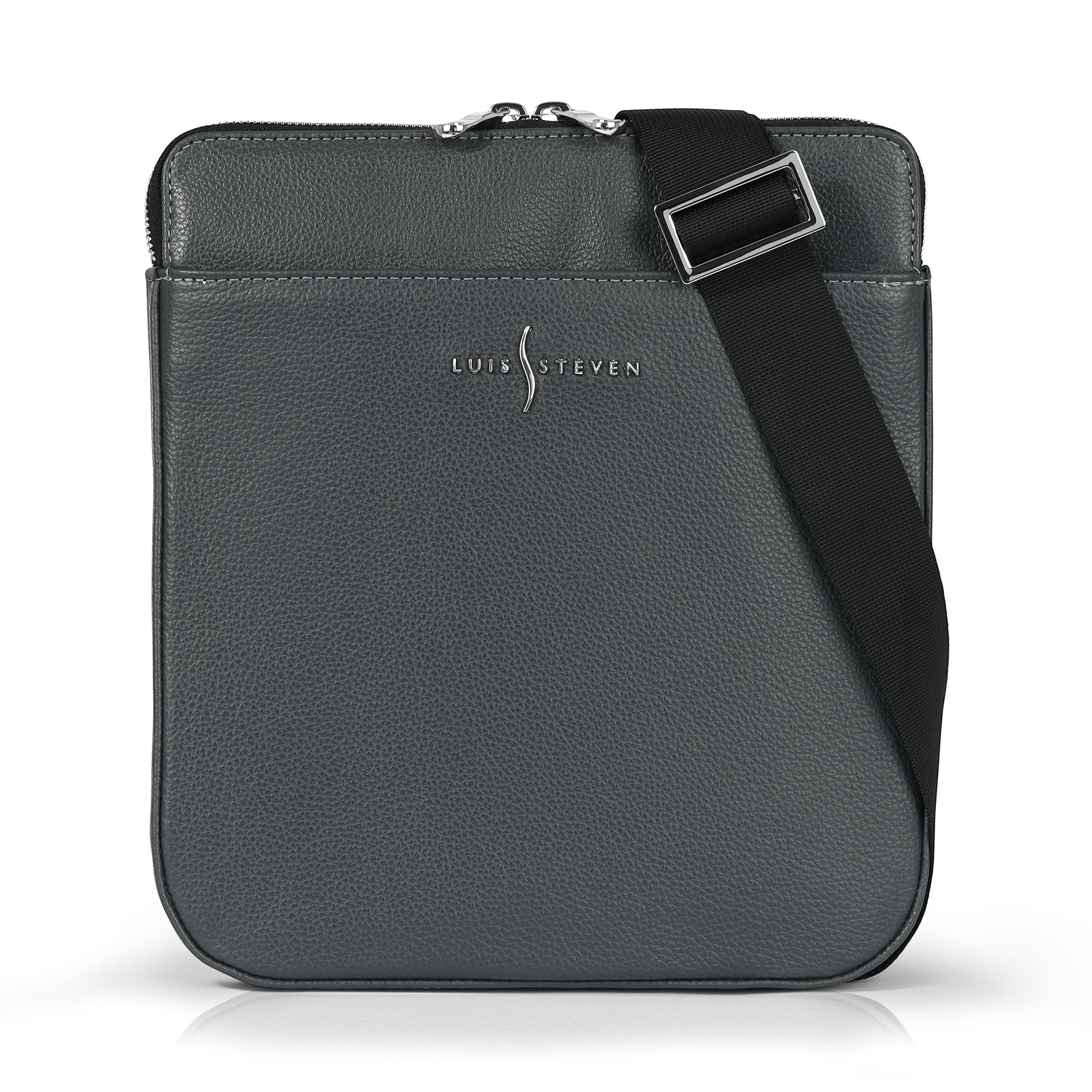 Luis Steven gray pebble leather sporty messenger bag with adjustable black strap and nickel hardware.