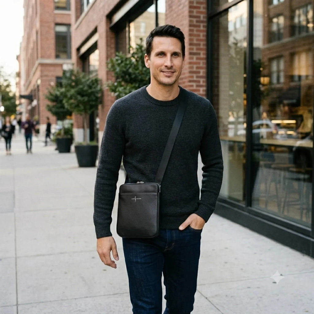 Man wearing a Luis Steven gray pebble leather Sporty Messenger crossbody bag on a city sidewalk.