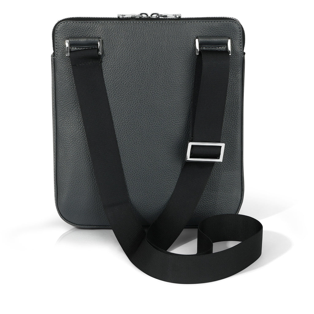 Luis Steven gray pebble leather Sporty Messenger bag with adjustable black crossbody strap and nickel hardware.