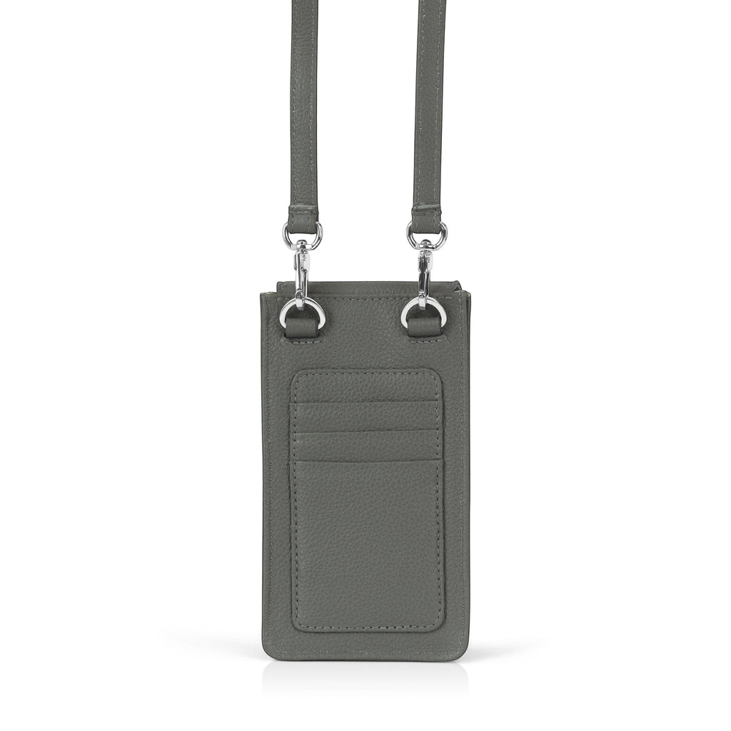 Luis Steven gray pebble leather smartphone pouch with flap closure, adjustable strap, and 3 card slots.