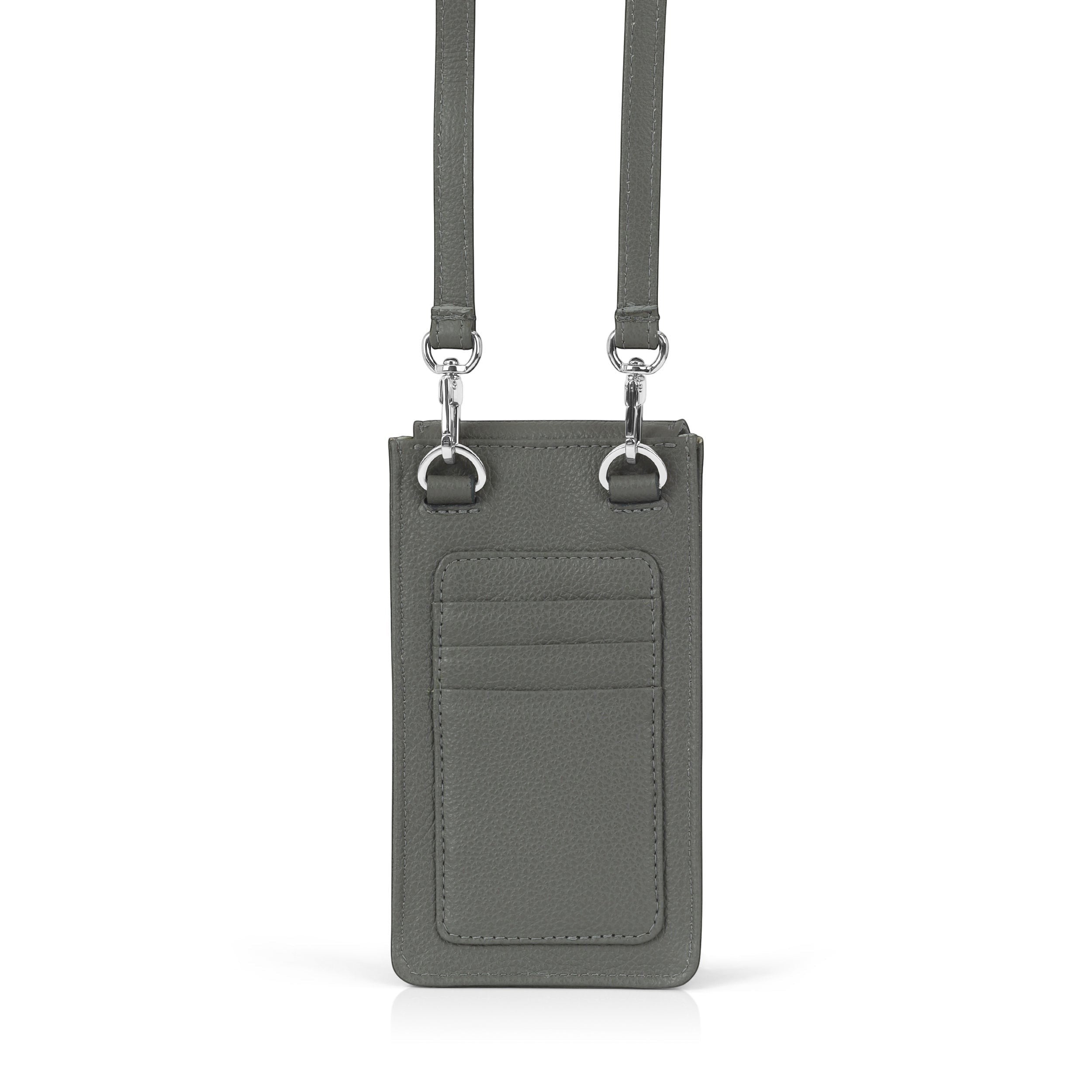 Luis Steven gray pebble leather smartphone pouch with flap closure, adjustable strap, and 3 card slots.