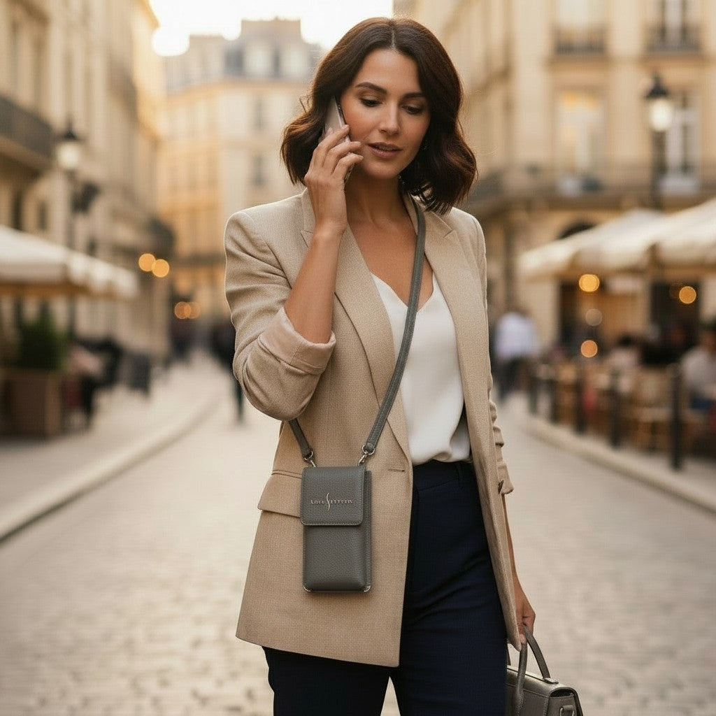 Luis Steven gray pebble leather crossbody phone pouch with flap closure and card slots, worn by a woman on a city street.