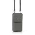 Luis Steven gray pebble leather smartphone pouch with flap closure, adjustable strap, and 3 card slots.