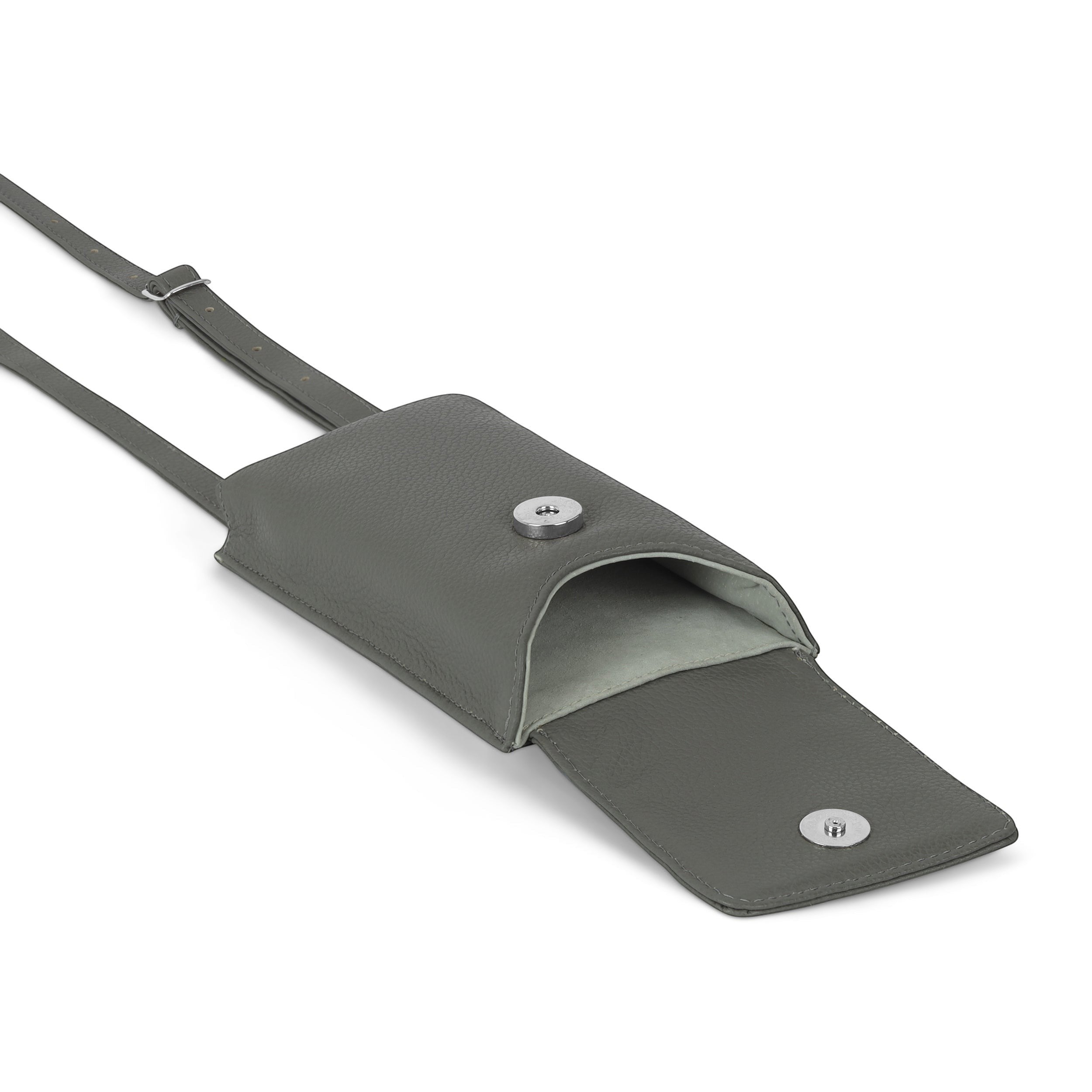 Luis Steven gray pebble leather smartphone pouch with flap closure, adjustable strap, and card slots.