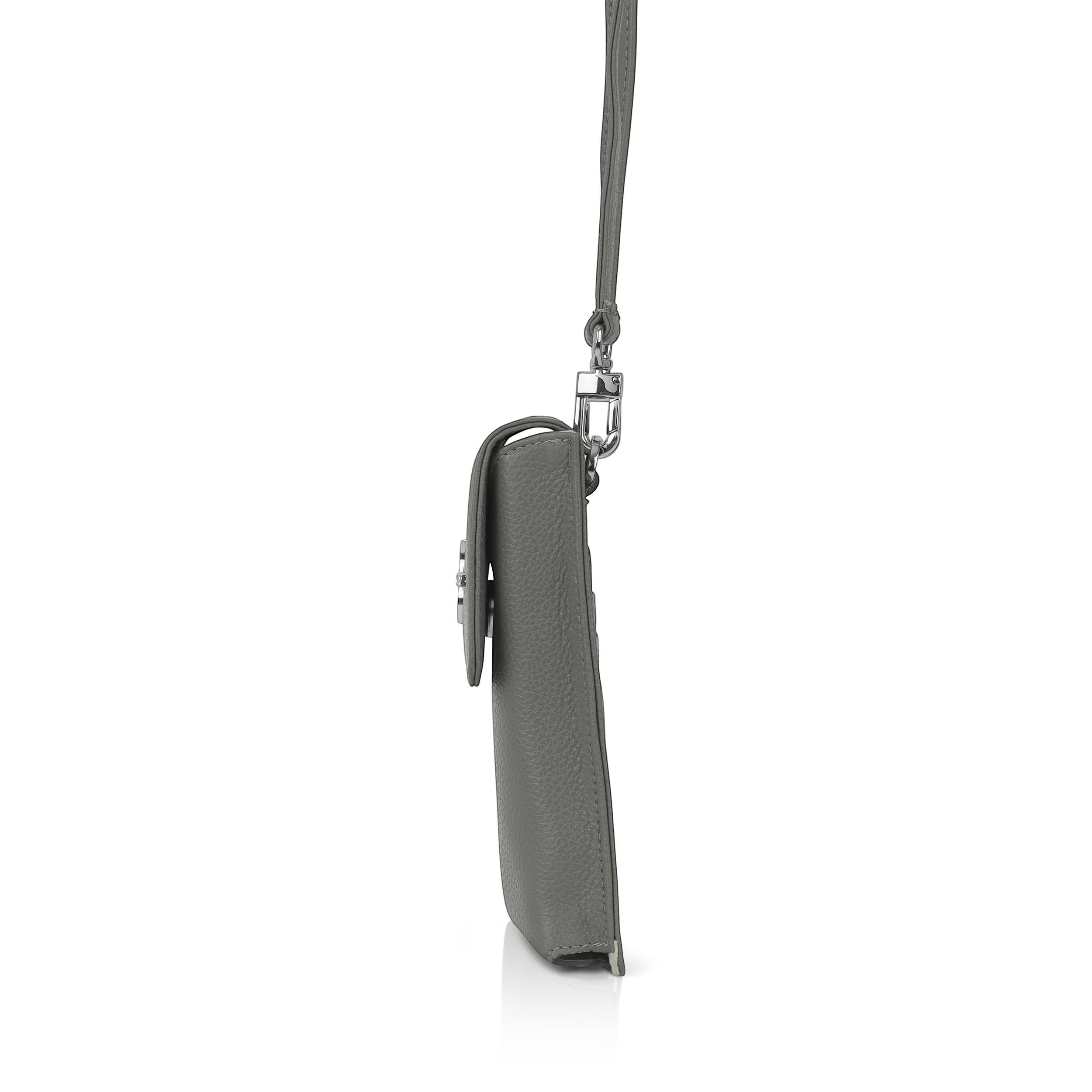 Luis Steven gray pebble leather smartphone pouch with flap closure and detachable strap.
