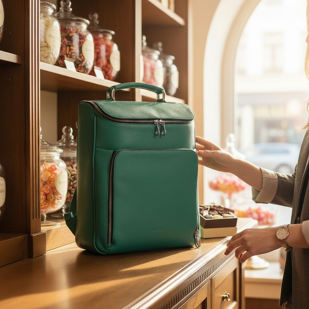 Luis Steven green pebble leather laptop backpack with top handle and front zip pocket. Fits up to 16" laptops.