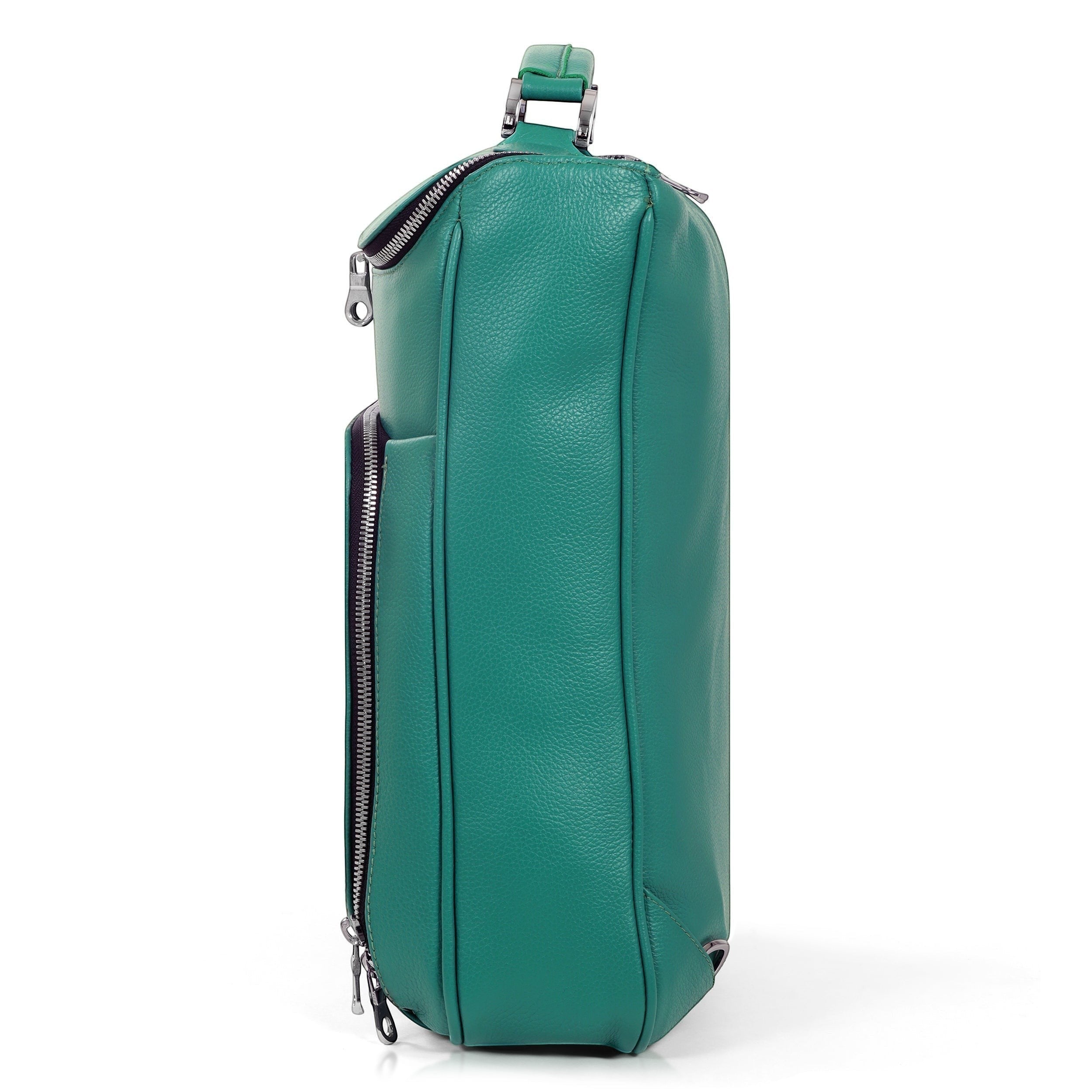 Luis Steven green pebble leather laptop backpack with briefcase style, top handle, and concealable straps. Fits up to 14.5" laptops.