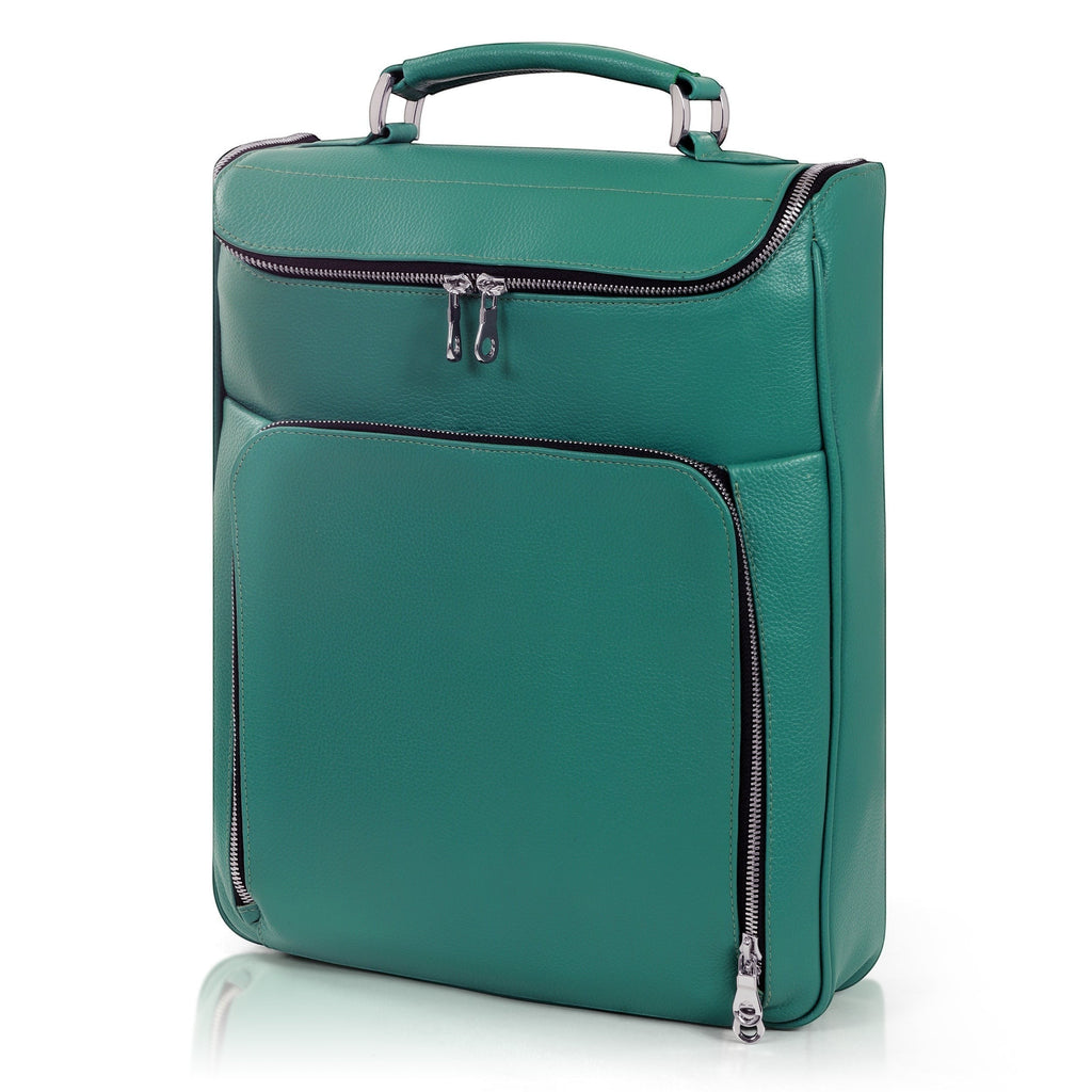 Luis Steven green pebble leather laptop backpack with top handle, zip pockets, and concealable straps. Fits up to 14.5" laptops.