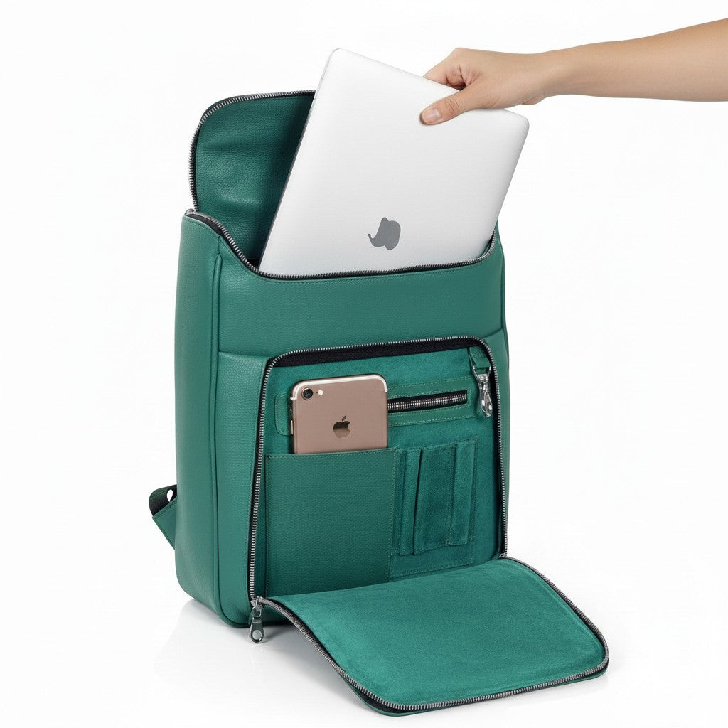 Luis Steven green pebble leather laptop backpack with concealable straps and organizer pockets. Fits up to 16" laptops.