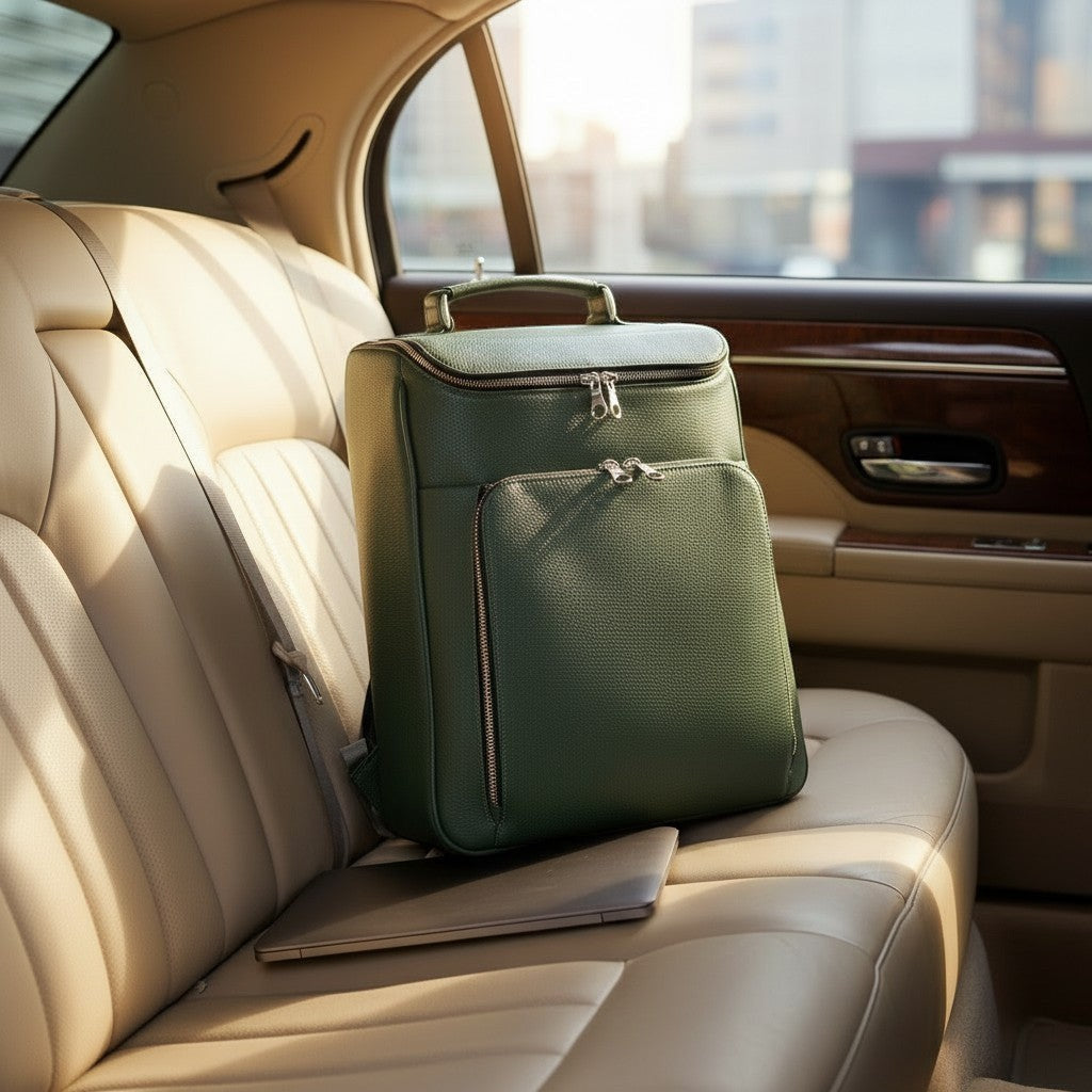 Luis Steven forest green pebble leather laptop backpack with briefcase style, top handle, and concealable straps.