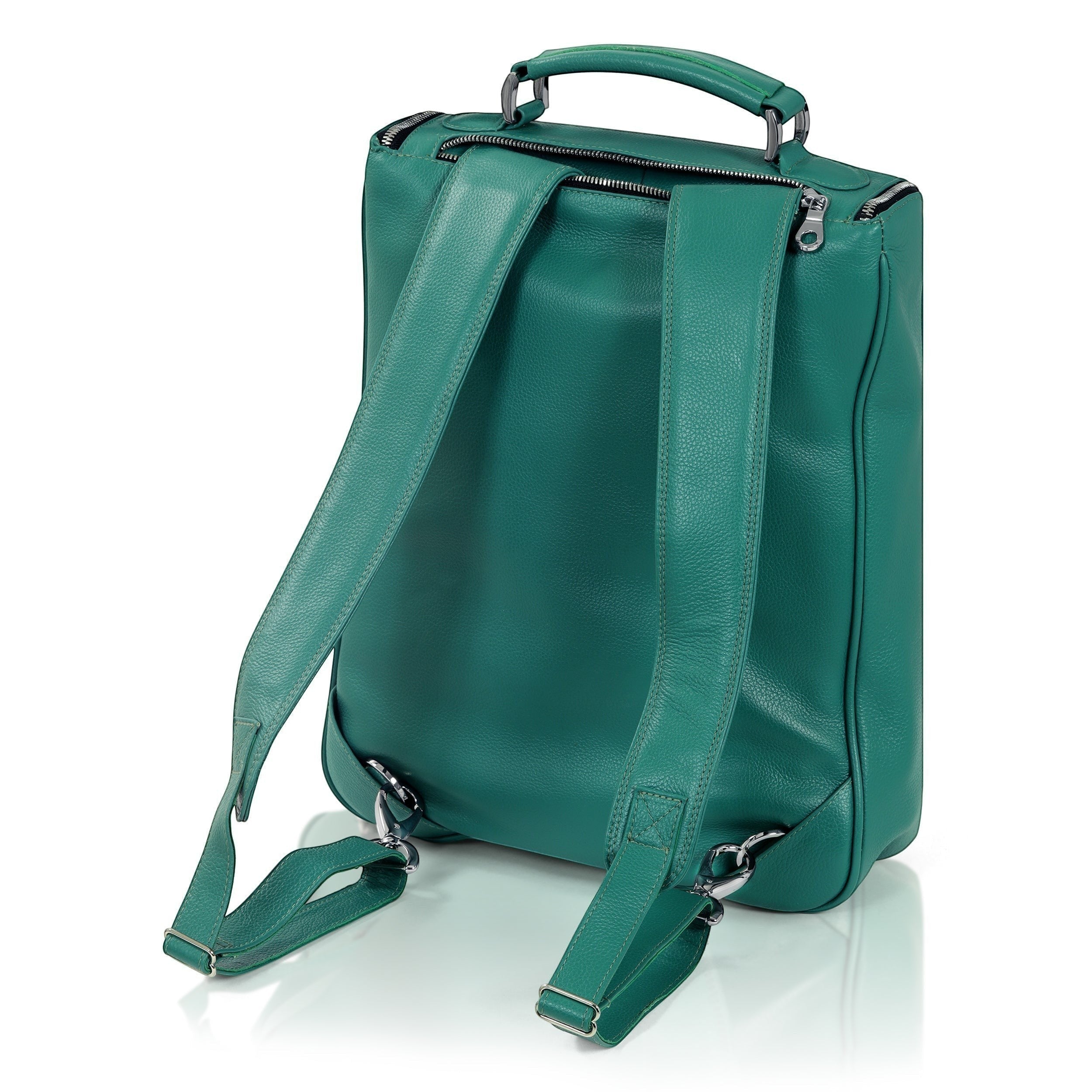 Luis Steven medium green pebble leather backpack with concealable straps and top handle, fits up to 14.5" laptop.
