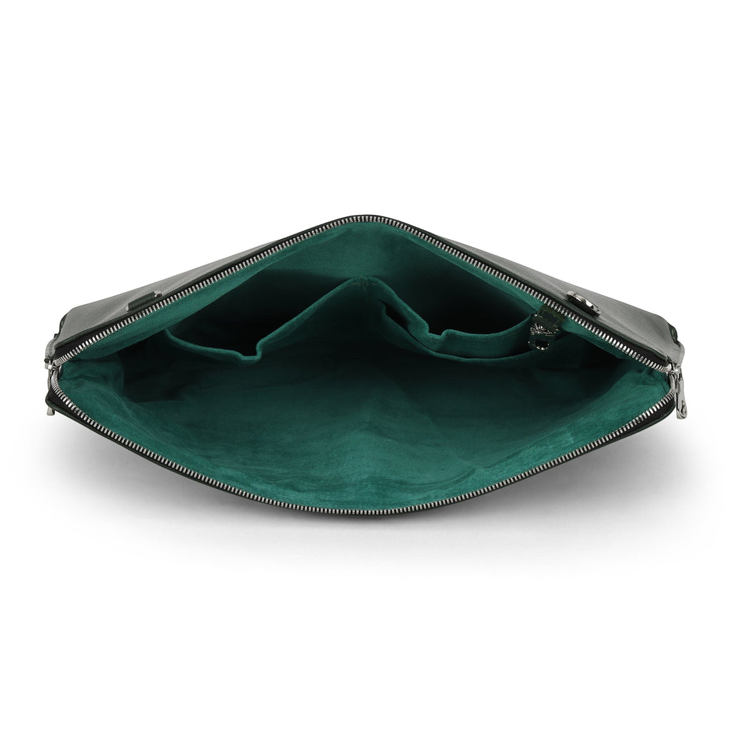Luis Steven green Italian pebble leather laptop sleeve interior with suede lining and accessory pockets