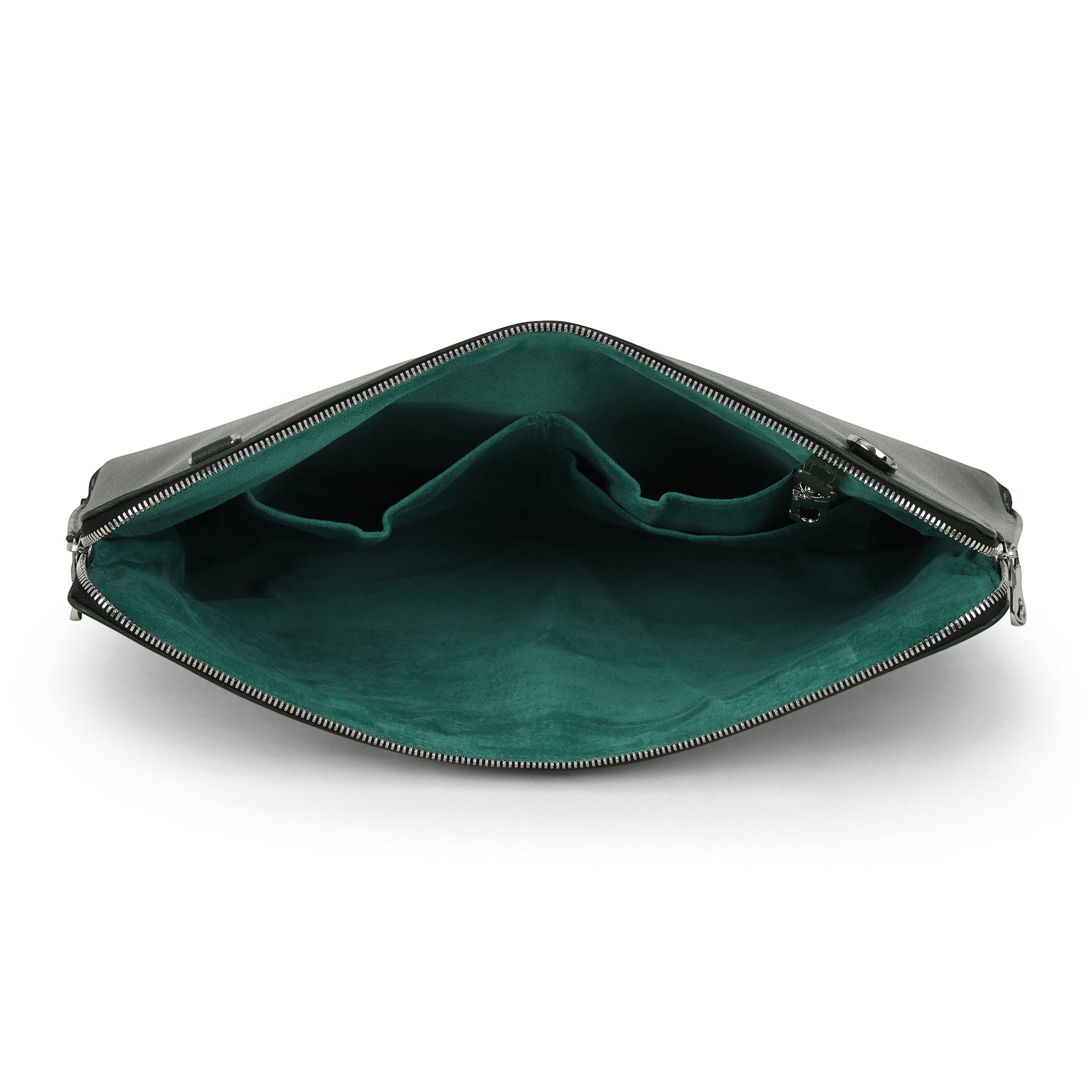 Luis Steven green Italian pebble leather laptop sleeve interior with suede lining and accessory pockets