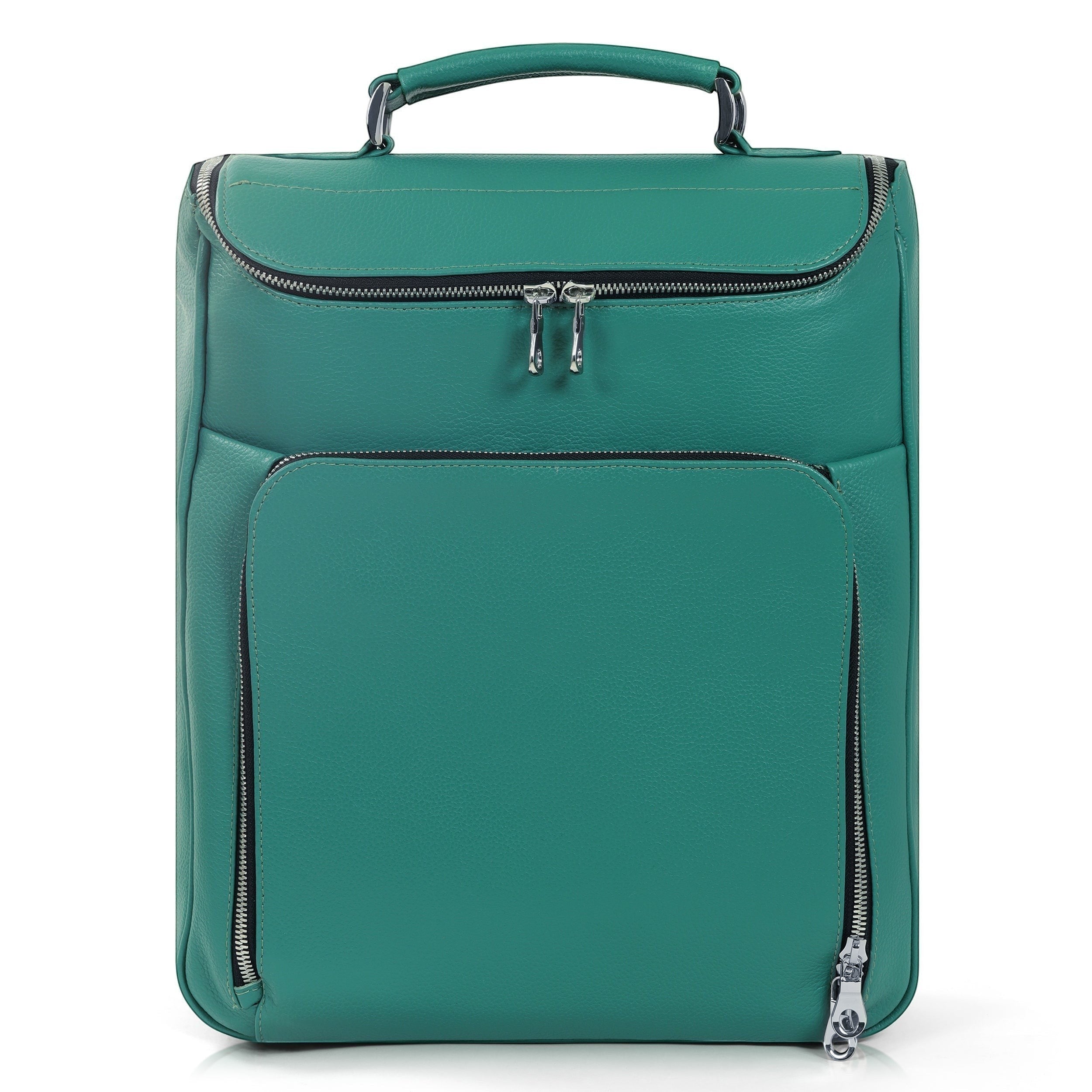 Luis Steven green pebble leather laptop backpack with top handle, front zip pocket, and concealable straps.