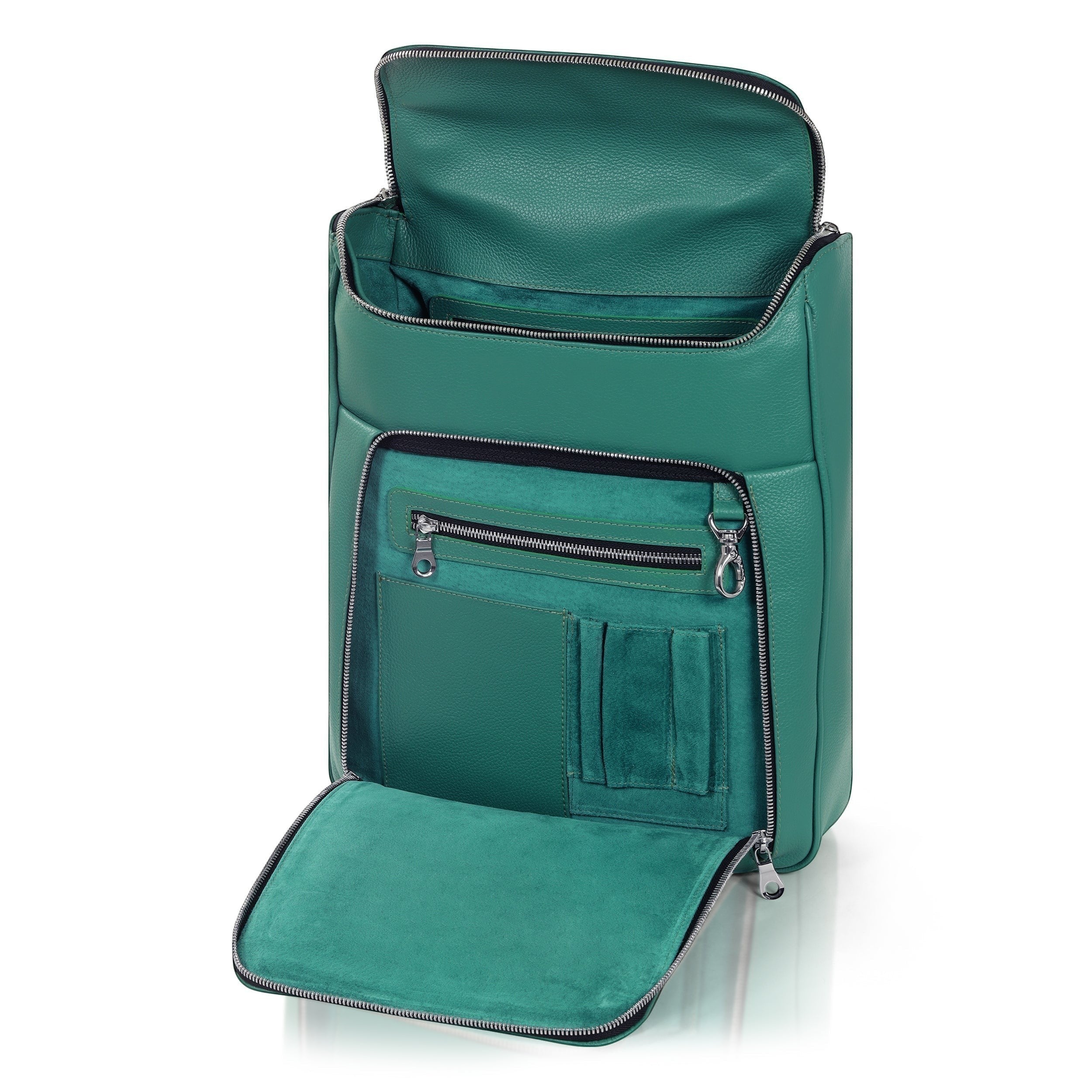 Luis Steven green pebble leather laptop backpack with multiple compartments and concealable straps.