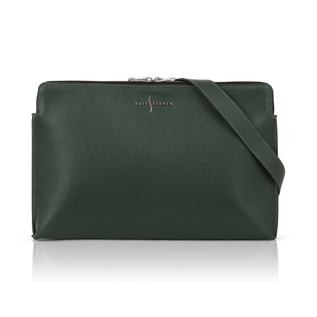 Luis Steven green Italian pebble leather laptop sleeve with detachable shoulder strap and silver hardware.