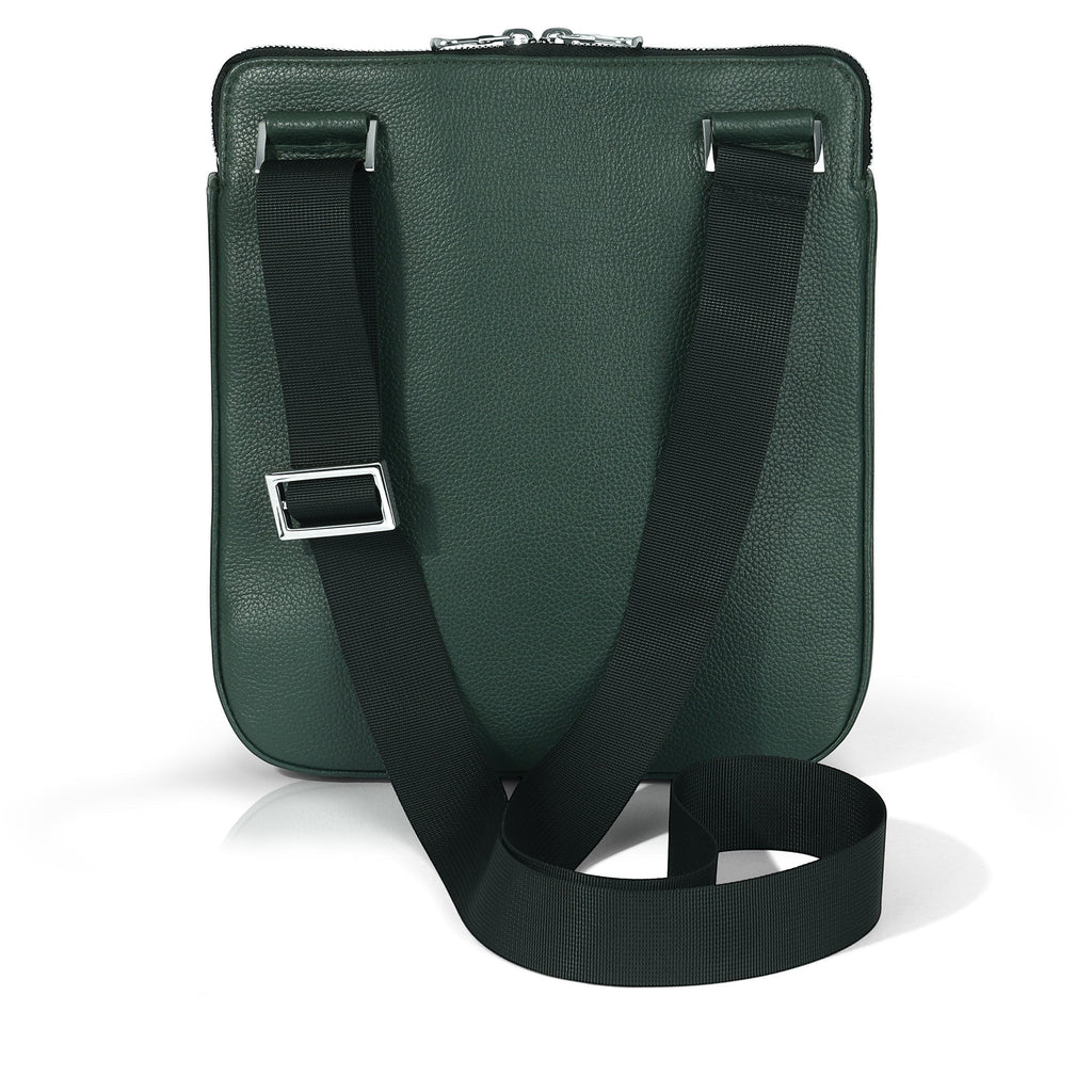Luis Steven forest green pebble leather sporty messenger bag with adjustable crossbody strap and exterior magnetic pocket.